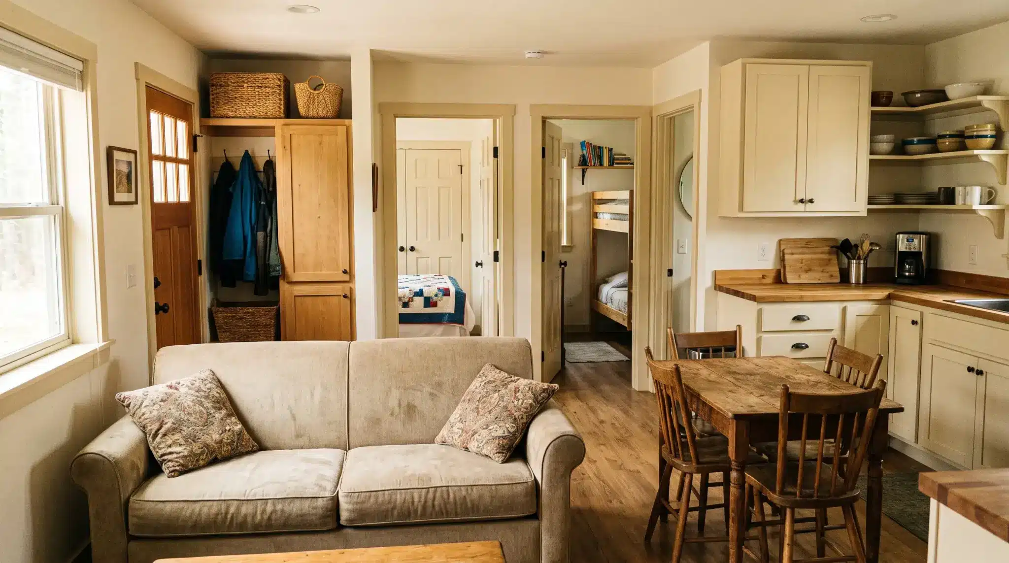 720-square-foot family cottage with two bedrooms, one shared bathroom, open living space, kitchen, and practical storage