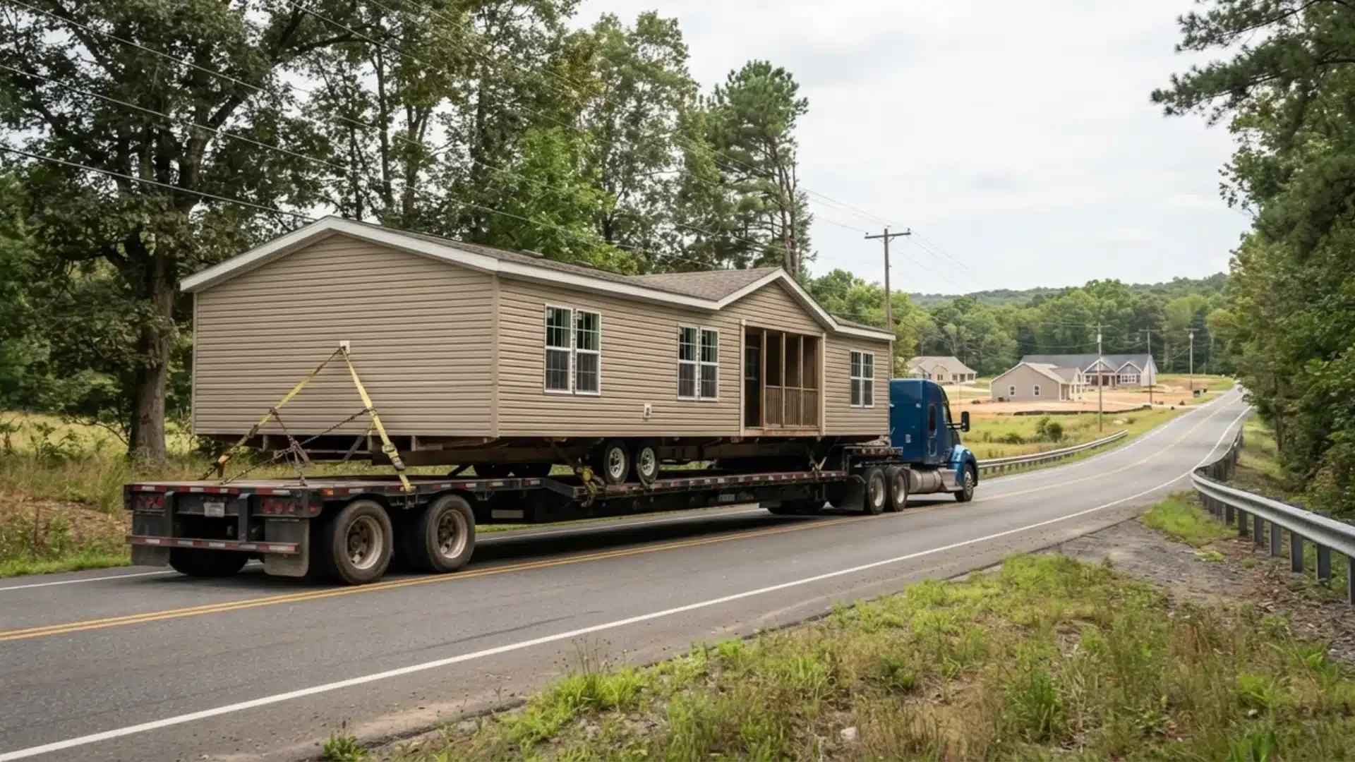 A blue semi-truck transporting a prefabricated manufactured home section along a rural highway.