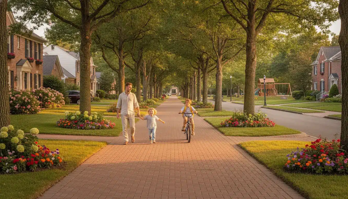 Man walking with children on tree-lined suburban street in warm sunlight