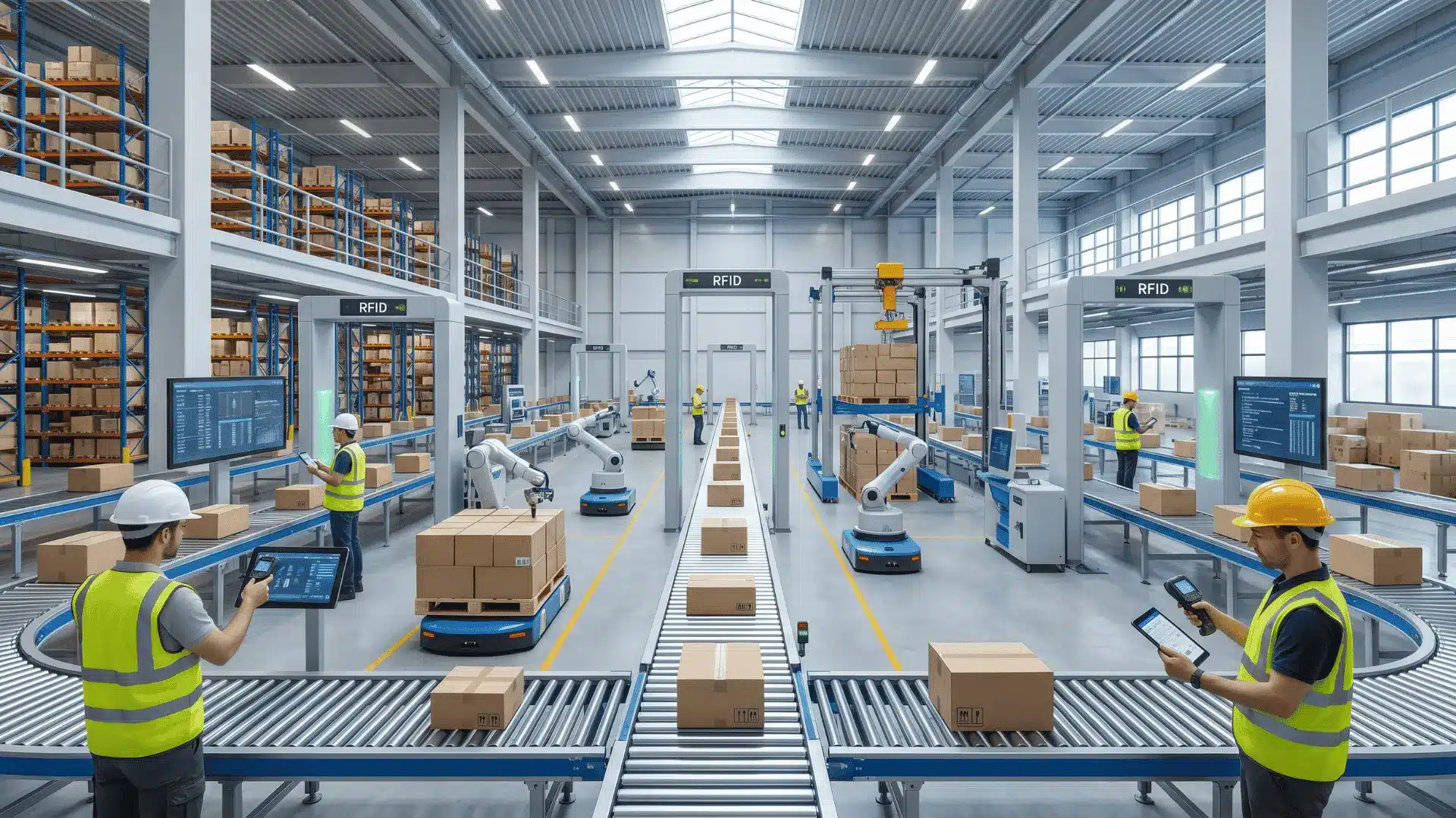 A spacious warehouse with conveyors, robots, and RFID systems in use for efficient material handling and inventory tracking.