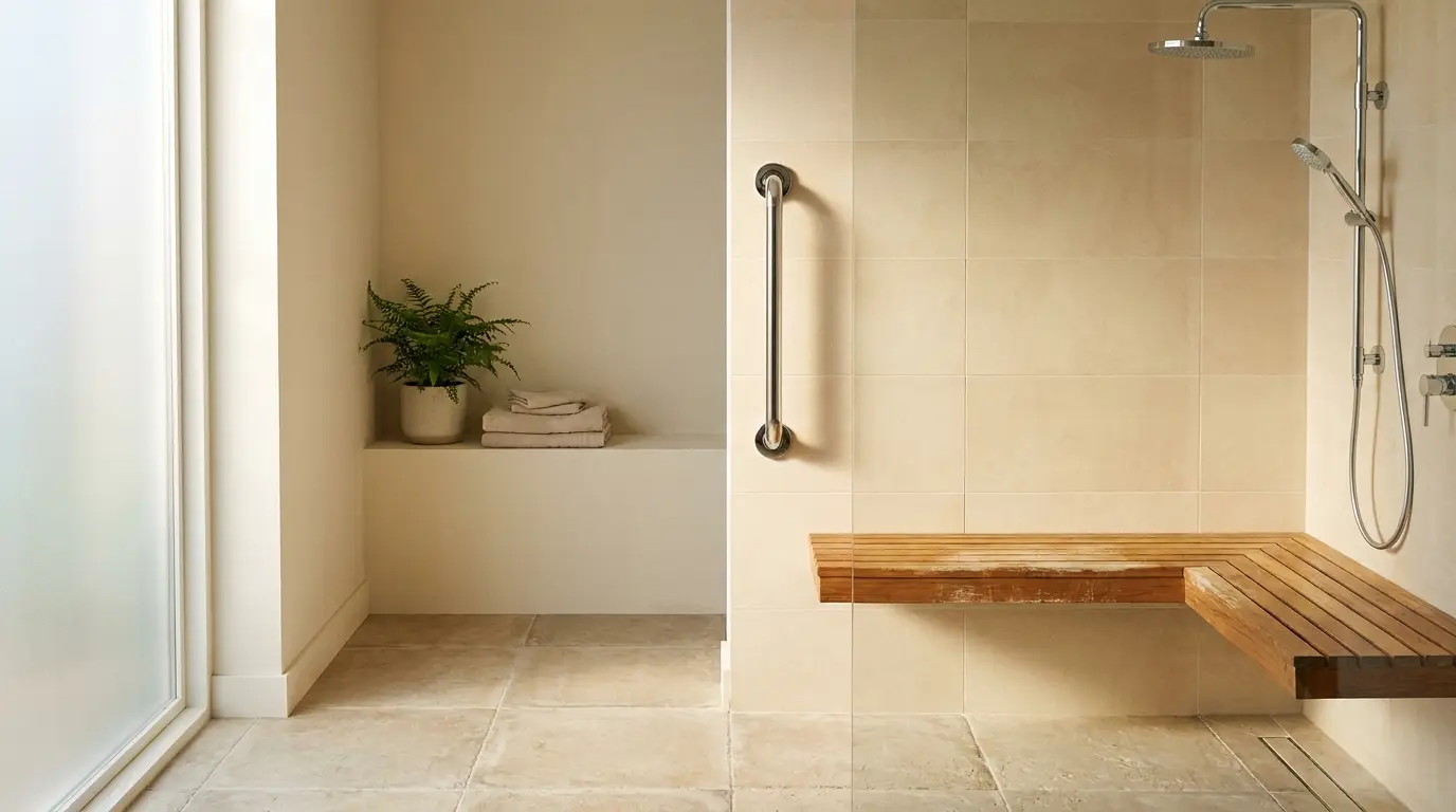 Modern bathroom with walk-in shower, wooden bench, and potted plant on tiled floor