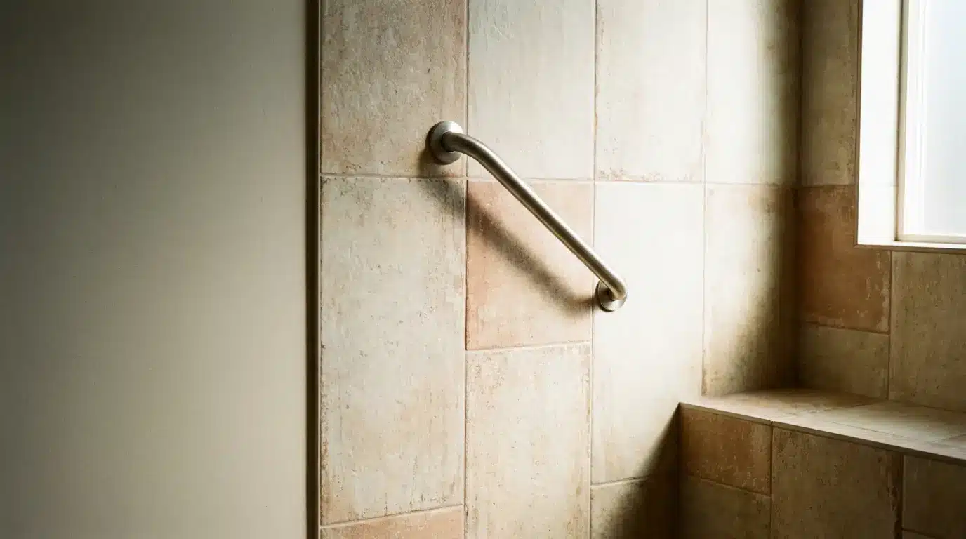 Stainless steel grab bar installed on beige tiled bathroom wall under natural light
