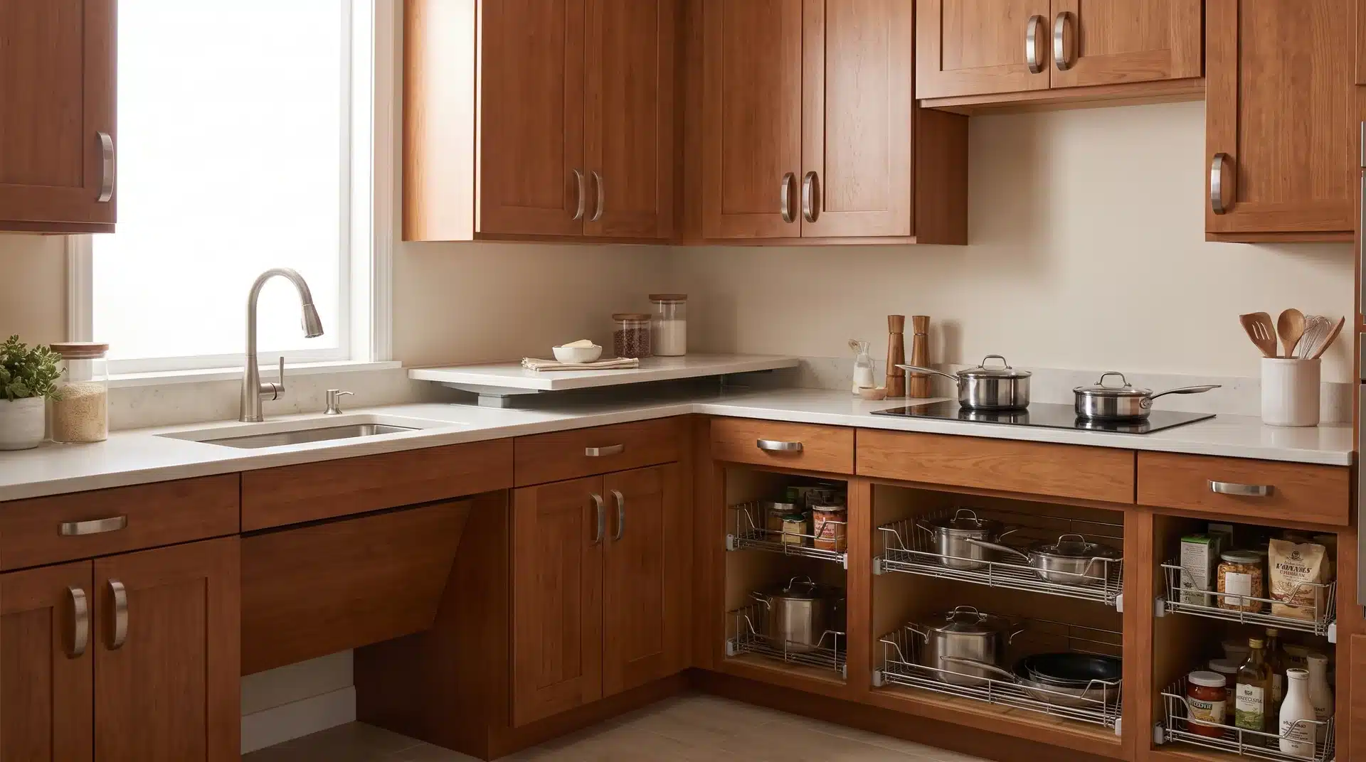 Accessible kitchen with pull-out shelves, lever faucet, and easy-grip handles