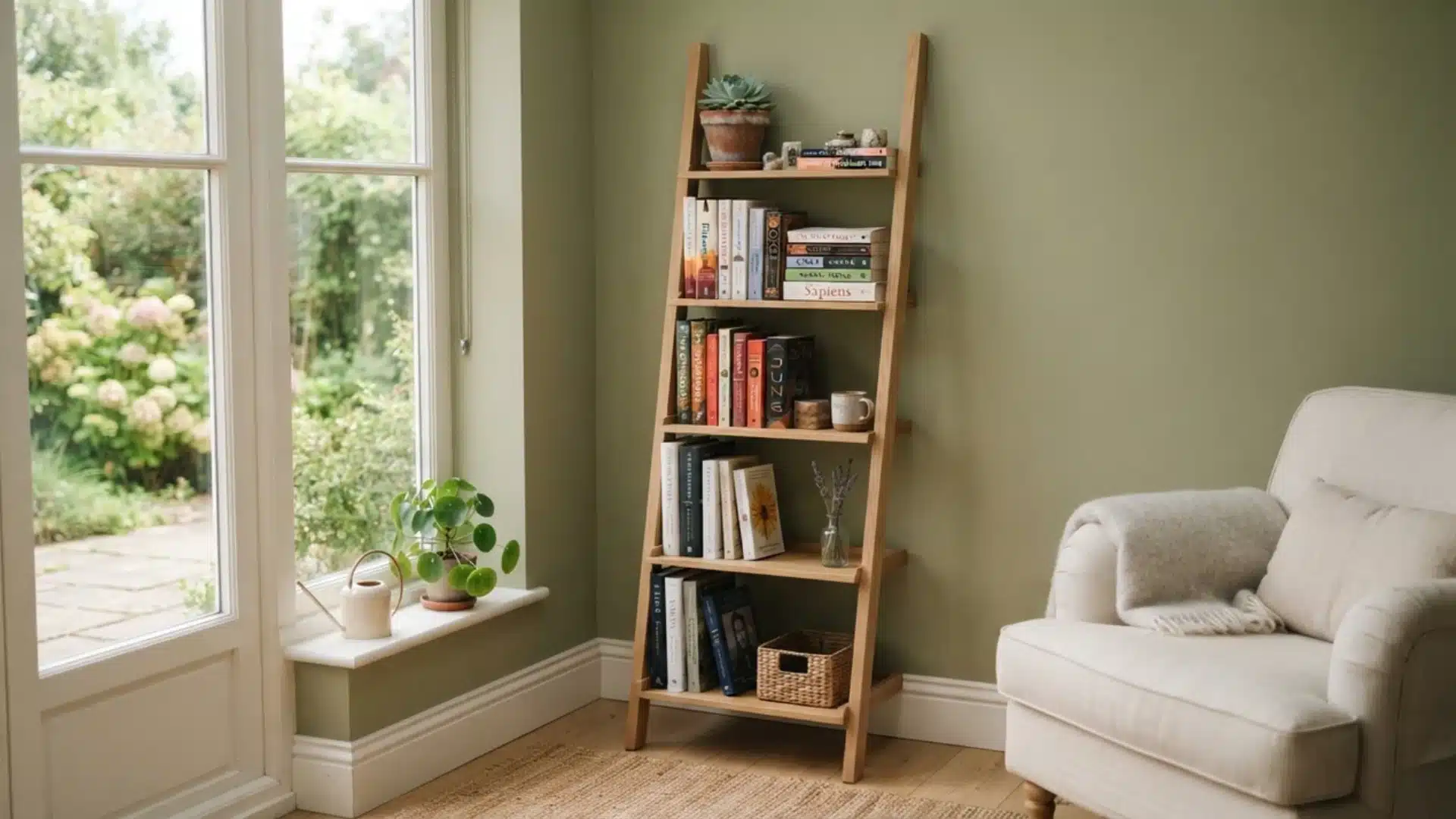 wooden ladder shelf holding books and a small plant in a corner