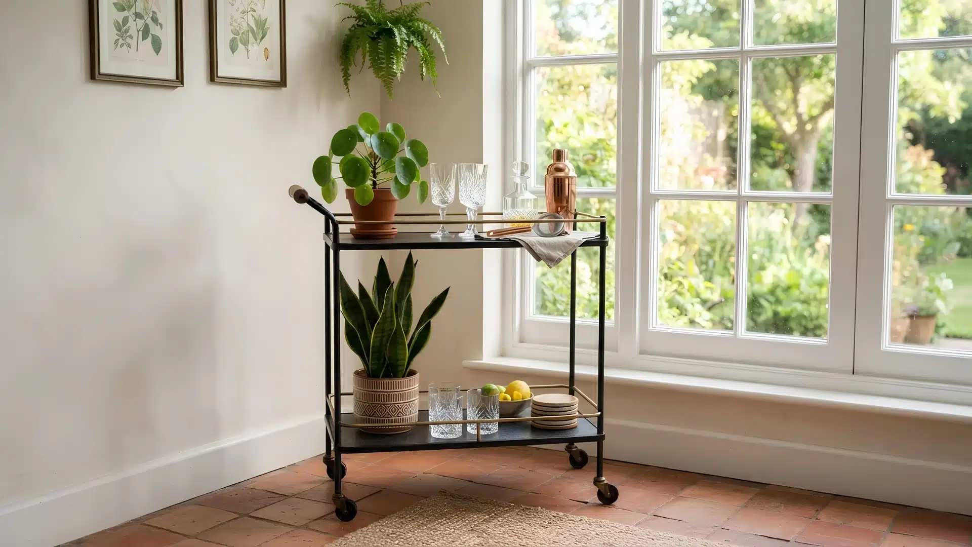 narrow bar cart with plants and glassware in a sunroom corner