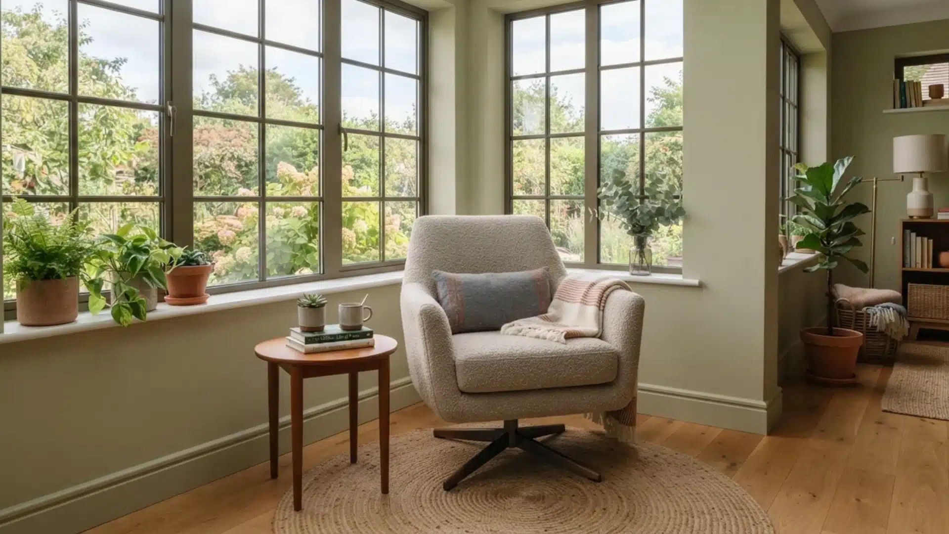 swivel armchair positioned between two sunroom windows