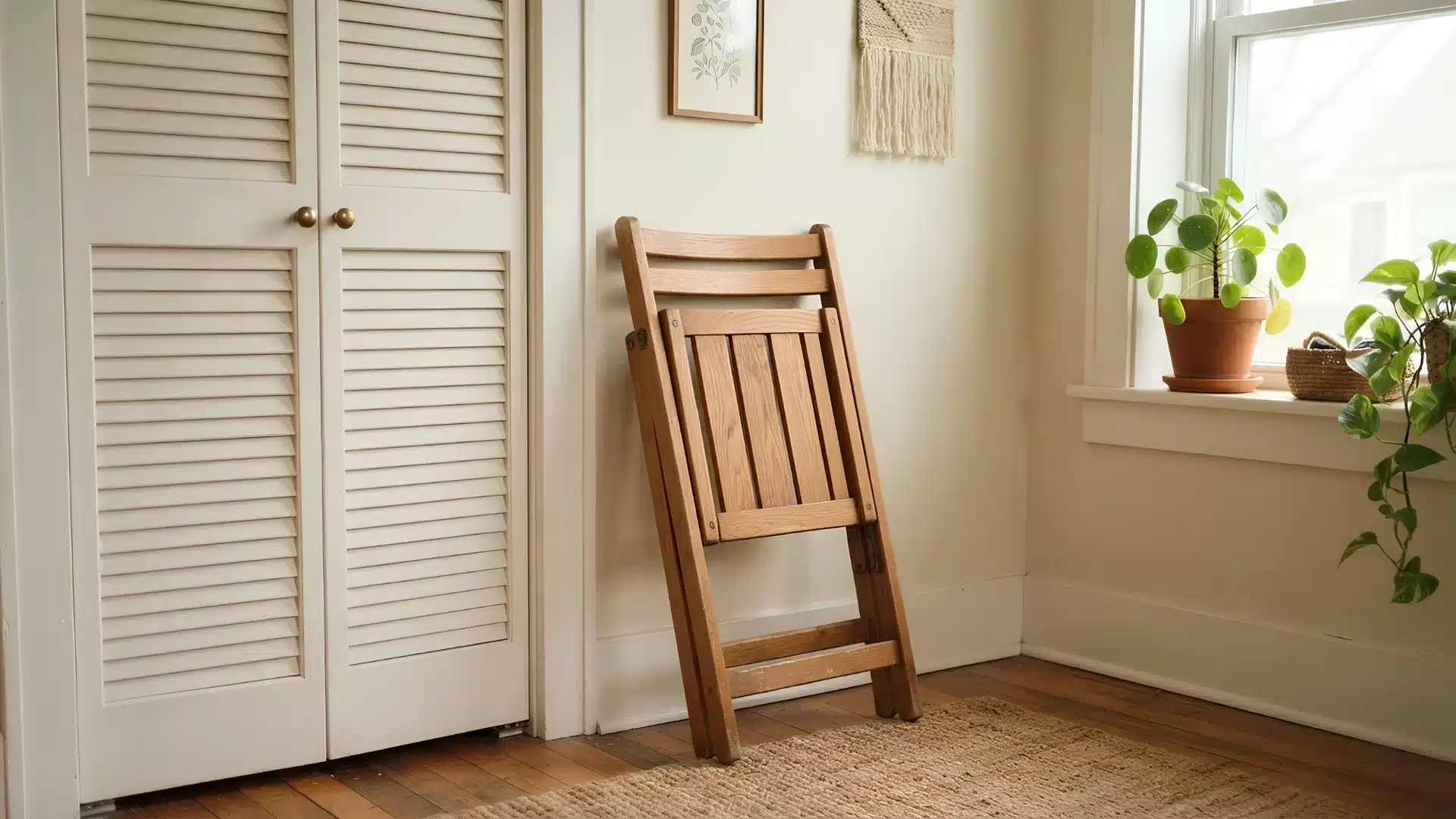 folding wooden chair stored against a wall in a small sunroom