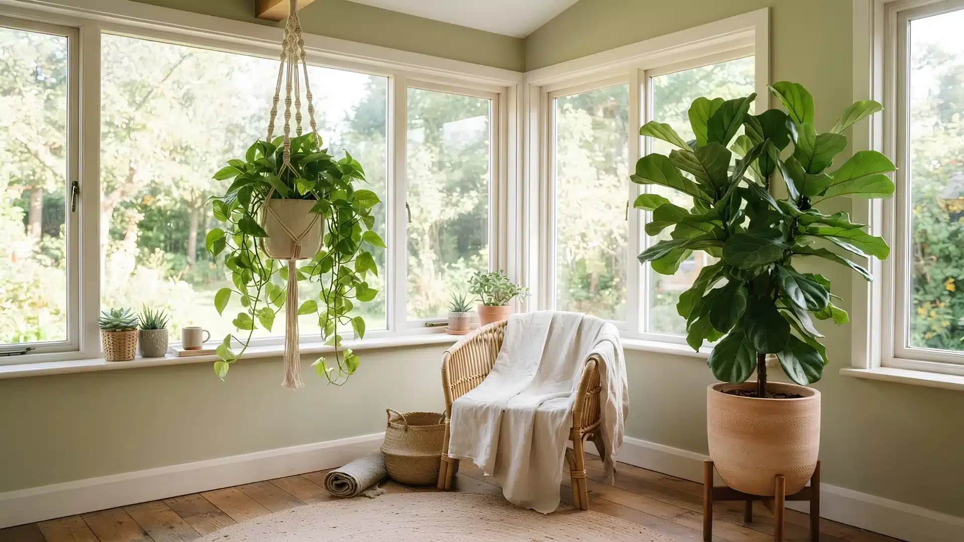hanging planter and large potted plant in a sunroom corner