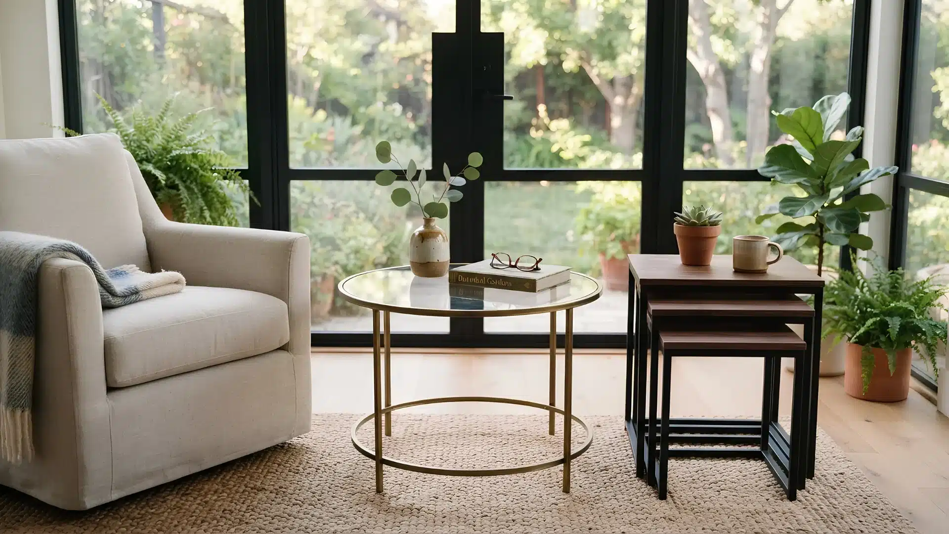 glass top side table and nesting tables in a sunroom