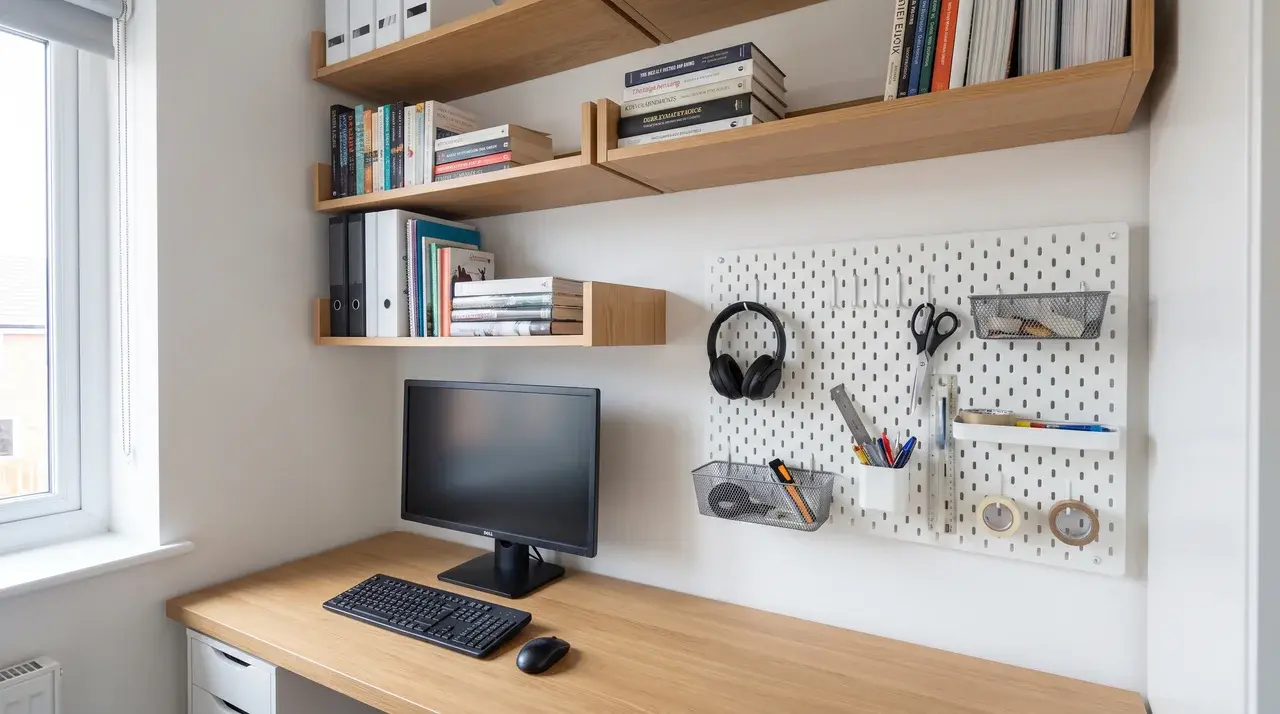 Wall shelves and pegboard storing books, binders, and office tools
