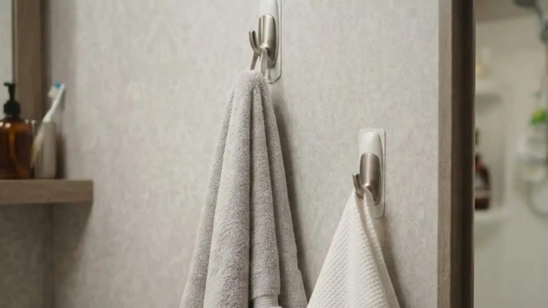 Adhesive wall hooks holding towels in an rv bathroom