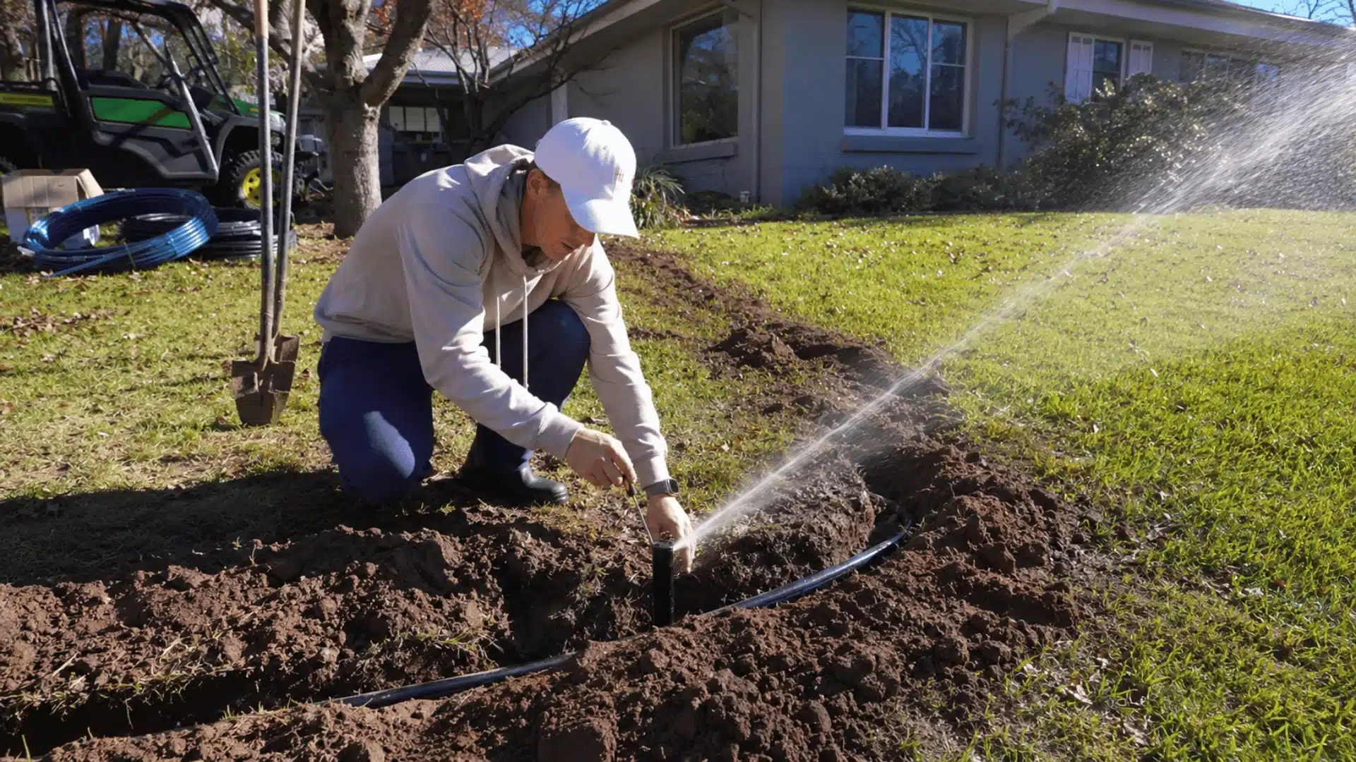 Adjusting a sprinkler nozzle while water sprays across the lawn beside an open irrigation trench.