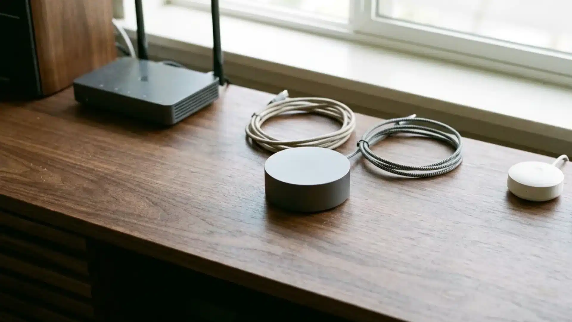 Small cylindrical smart hub device sitting on a media shelf