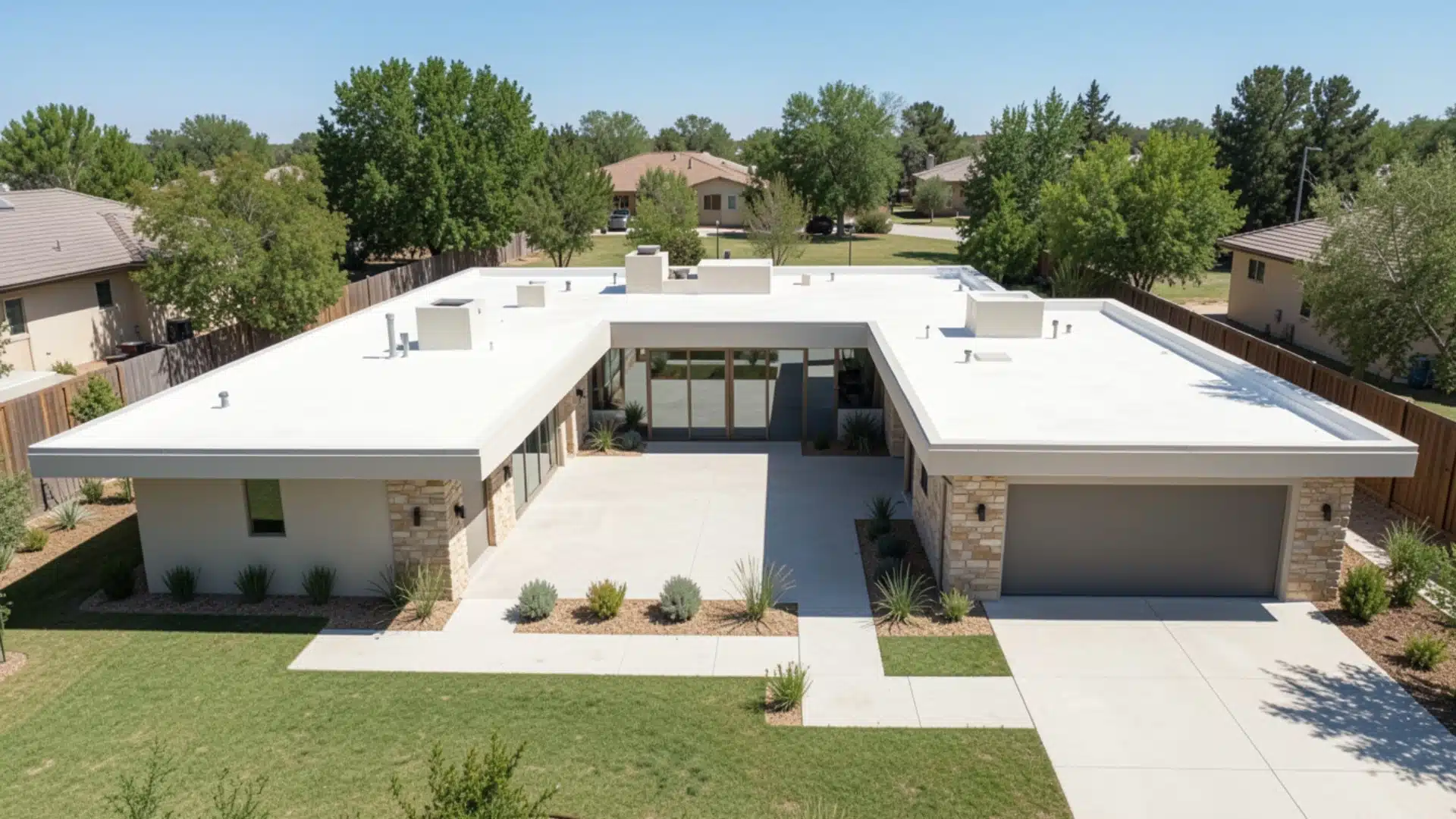 Aerial view of a contemporary U-shaped flat-roof ranch home surrounding a central paved courtyard.