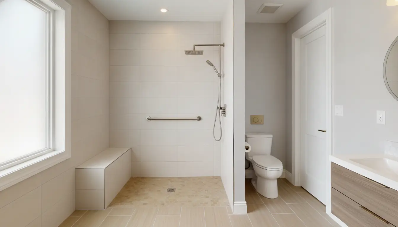 Modern bathroom with walk-in shower, beige tiles, and wooden vanity under soft lighting