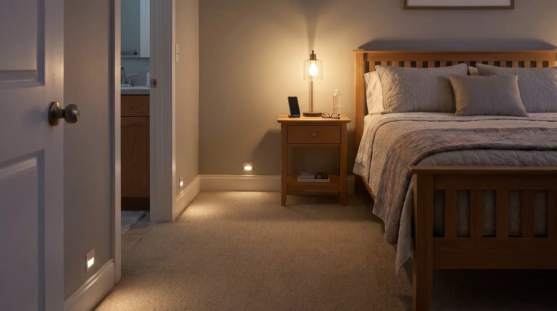 Aging-in-place bedroom with clear path and motion-activated nighttime lighting
