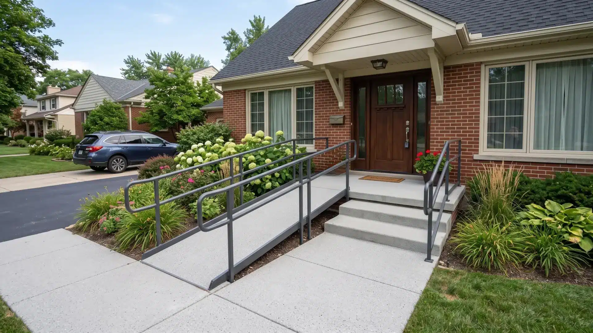 Aging-in-place home entrance with wheelchair ramp, handrail, and wide doorway