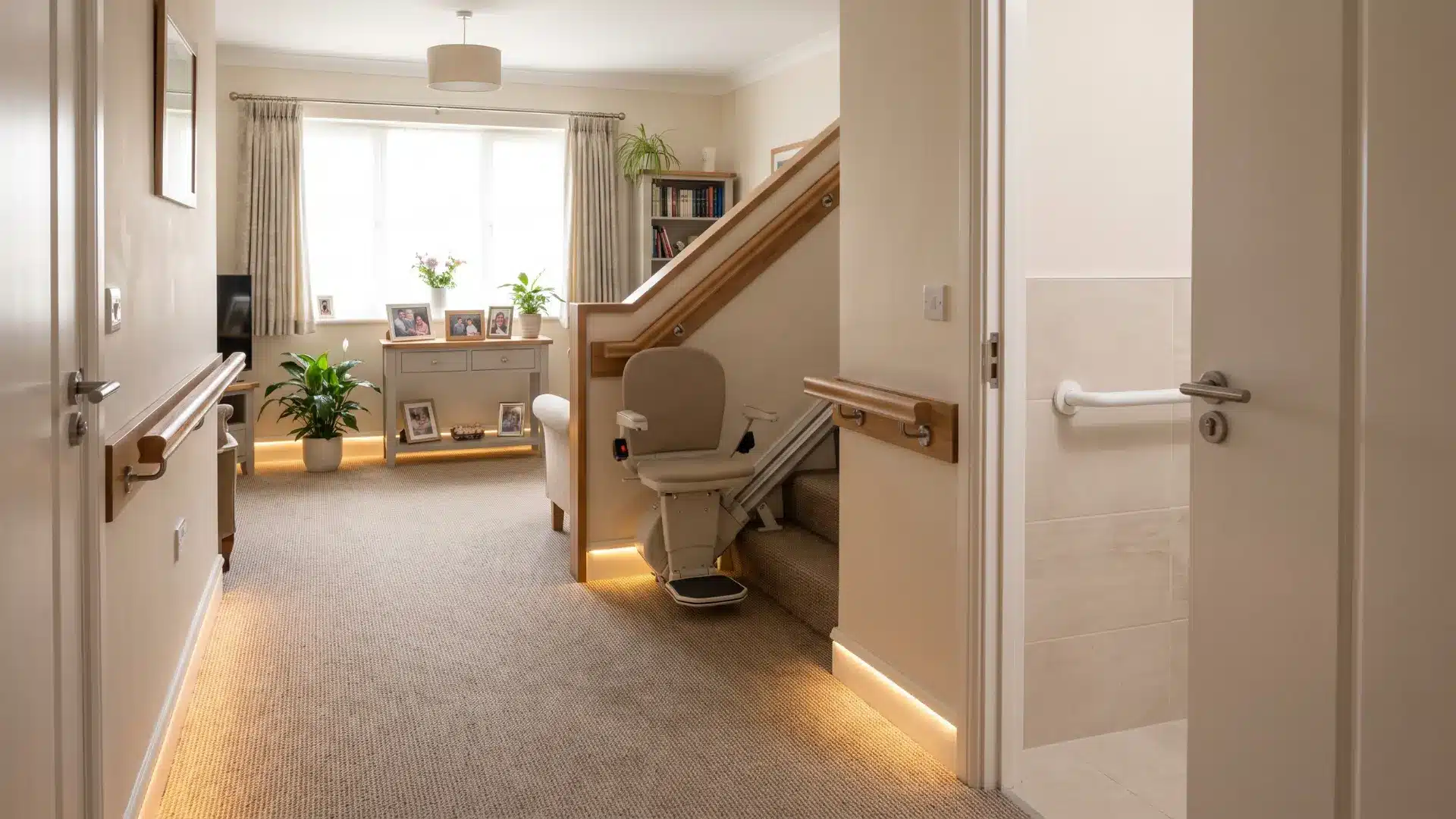 Senior-friendly home with stair handrails, clear walkways, safe flooring, bright lighting, and accessible bathroom features.