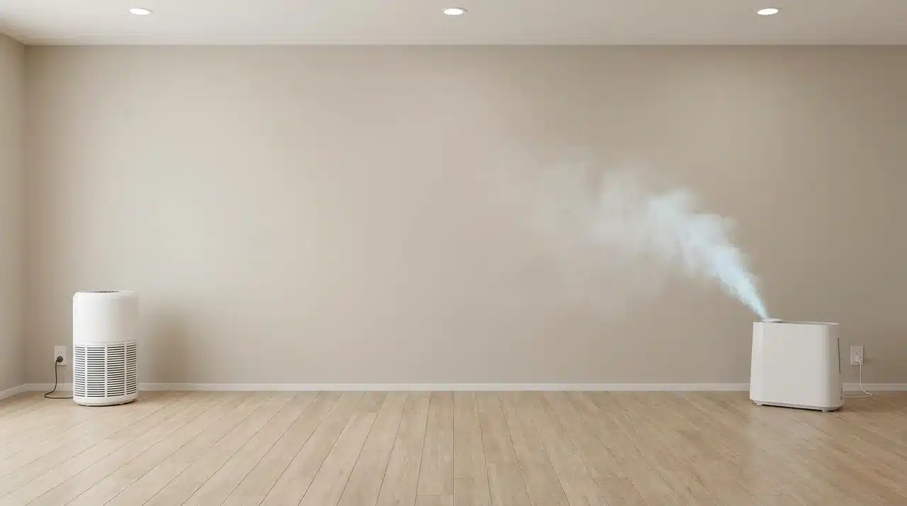 air purifier and humidifier placed apart with mist rising away from the purifier