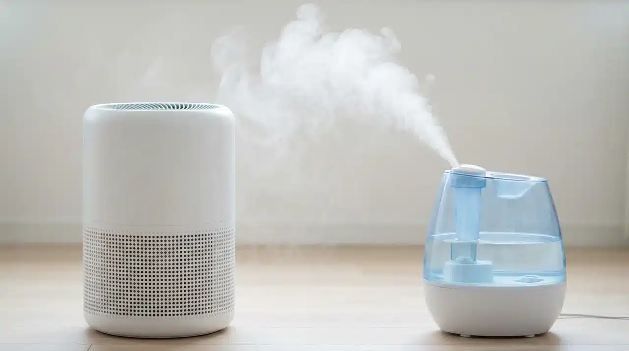 Air purifier and mist-emitting humidifier spaced apart with mist directed away from purifier