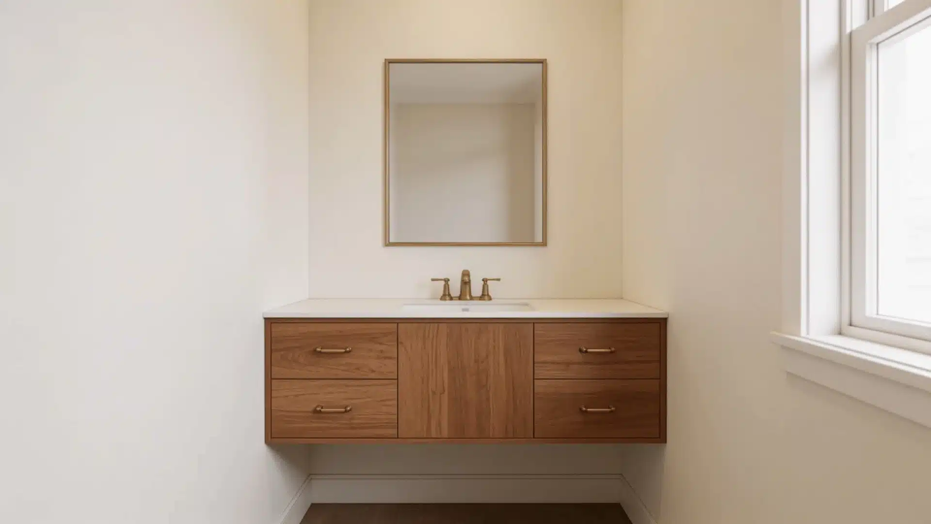 Small bathroom wall painted warm off-white with a wood vanity and brass fixtures