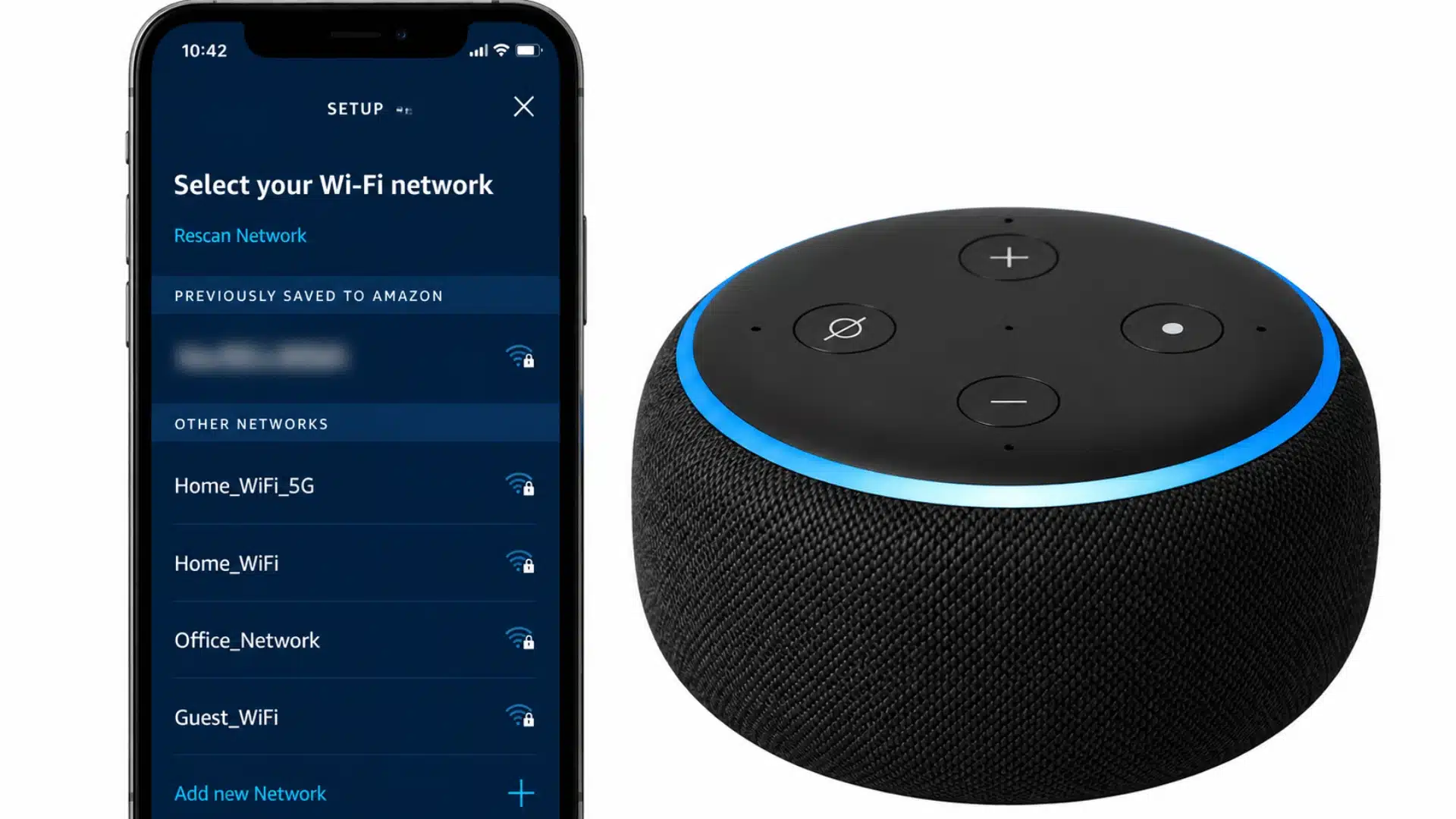 Alexa app showing Wi-Fi network selection while reconnecting Echo device during setup mode.
