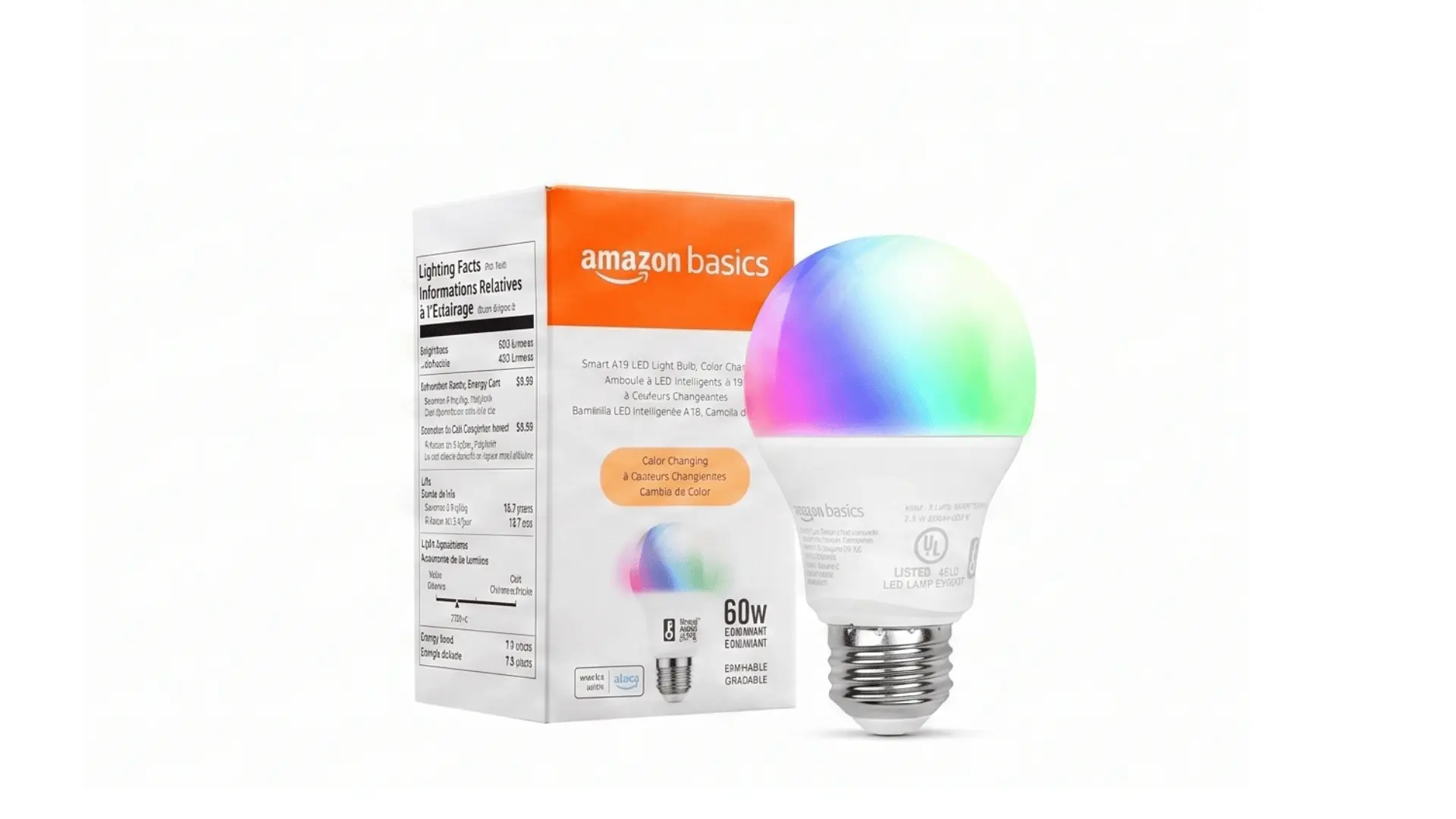 Amazon Basics color-changing smart light bulb displaying several colors beside its retail box.