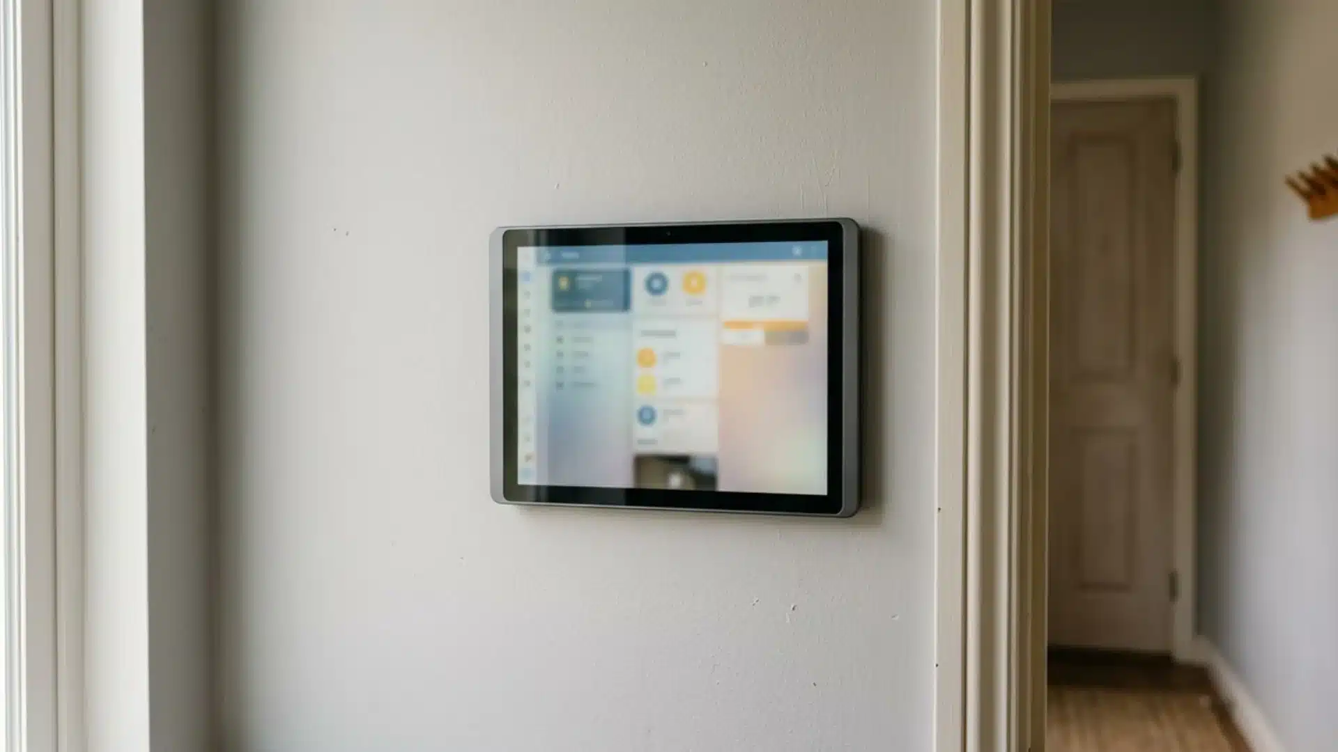 Wall-mounted touchscreen smart home control panel in a hallway