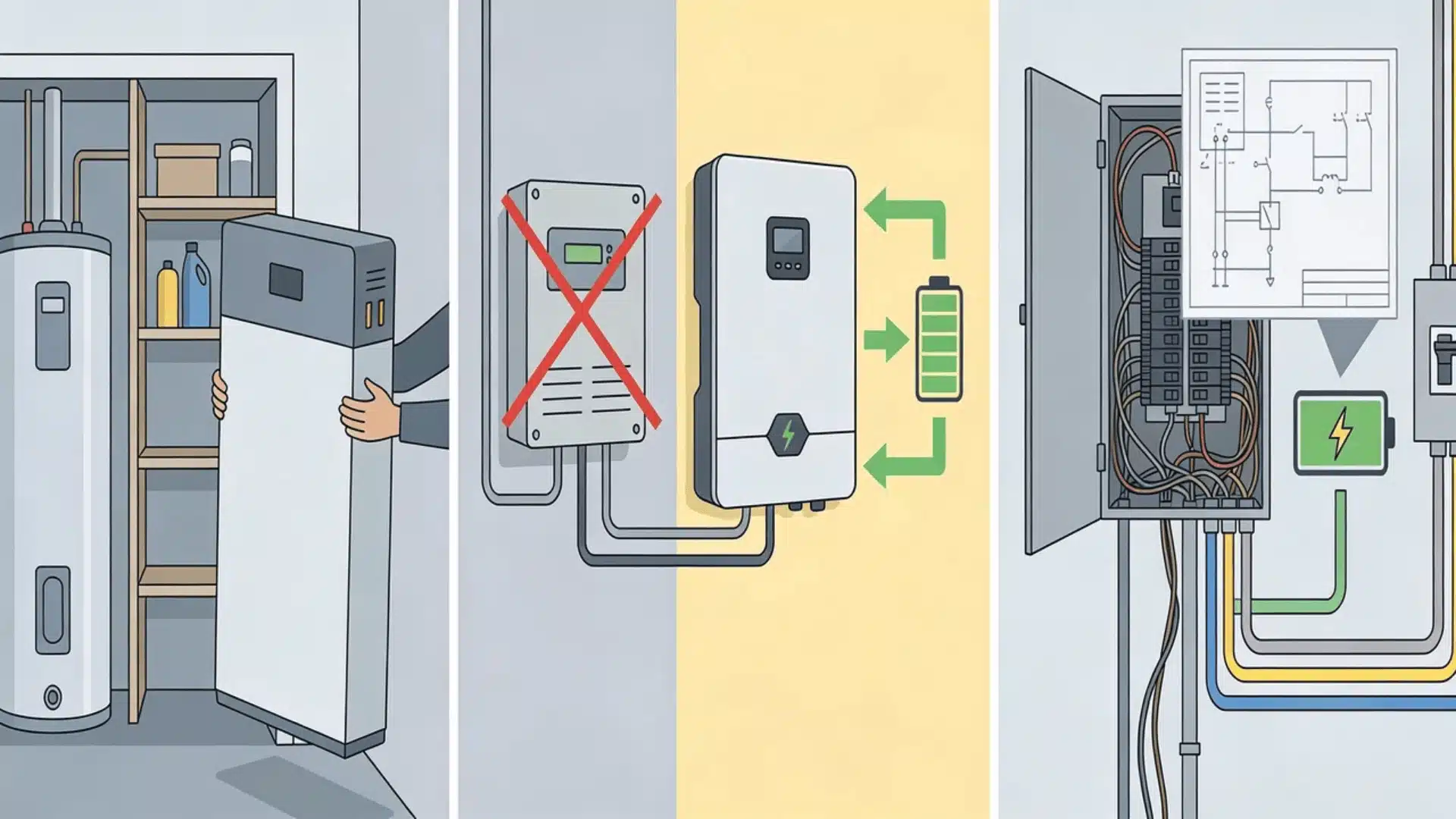 An illustration showing challenges during solar battery installation, such as space constraints and rewiring needs.