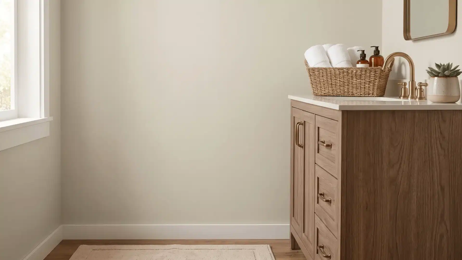 Small bathroom with warm greige walls, wood vanity, brass fixtures, and towel basket