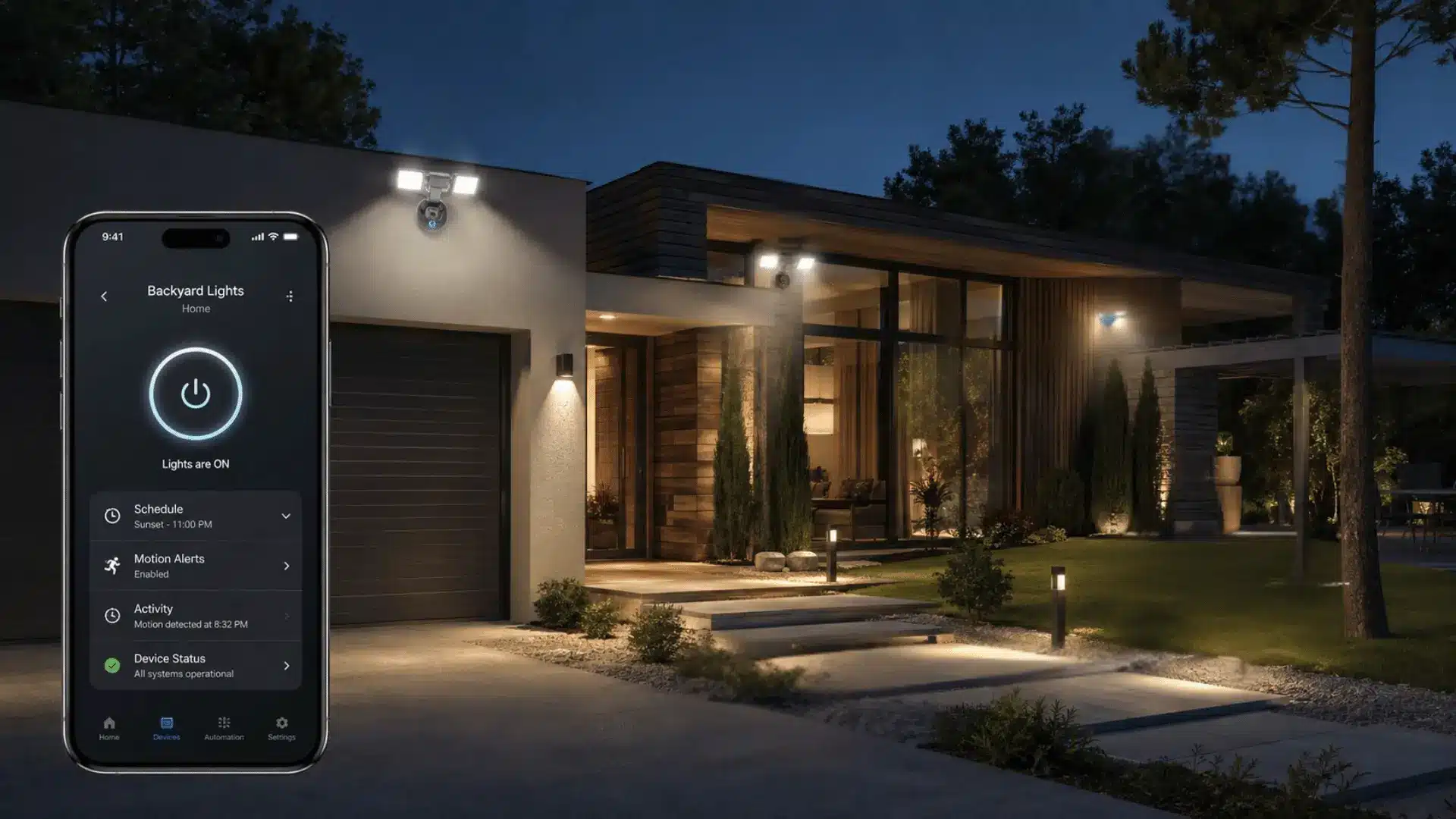App-controlled security light mounted on a residential exterior wall