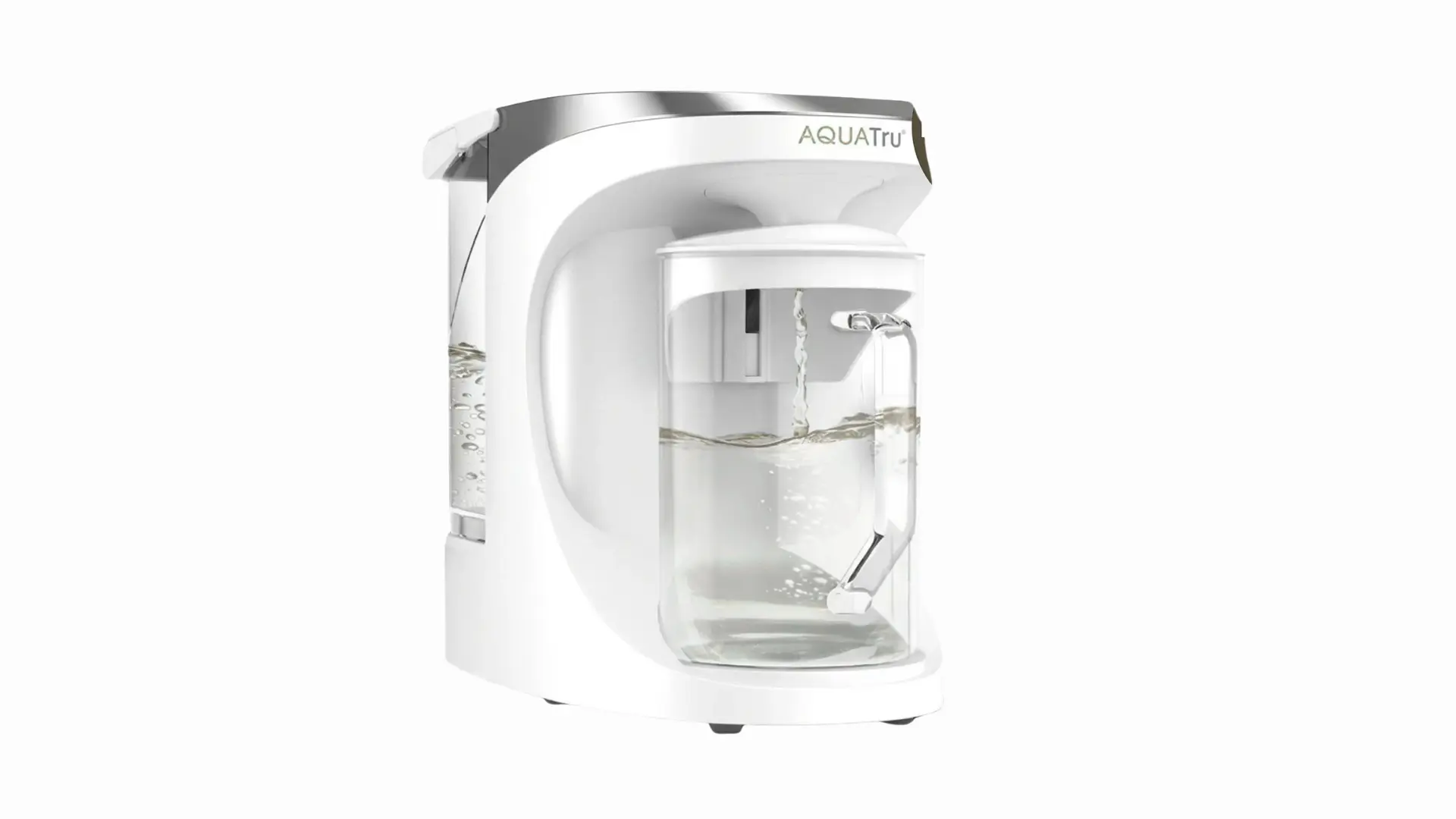 AquaTru Carafe countertop reverse osmosis water filter with a clear glass pitcher filling with purified water