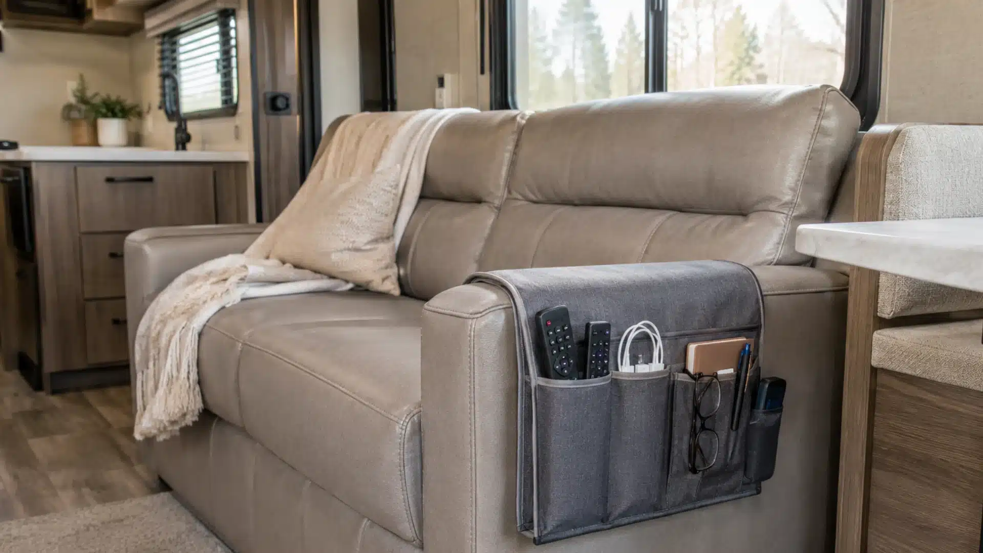 Armrest caddy stores remotes, charger, glasses, and notebook beside an RV sofa seat