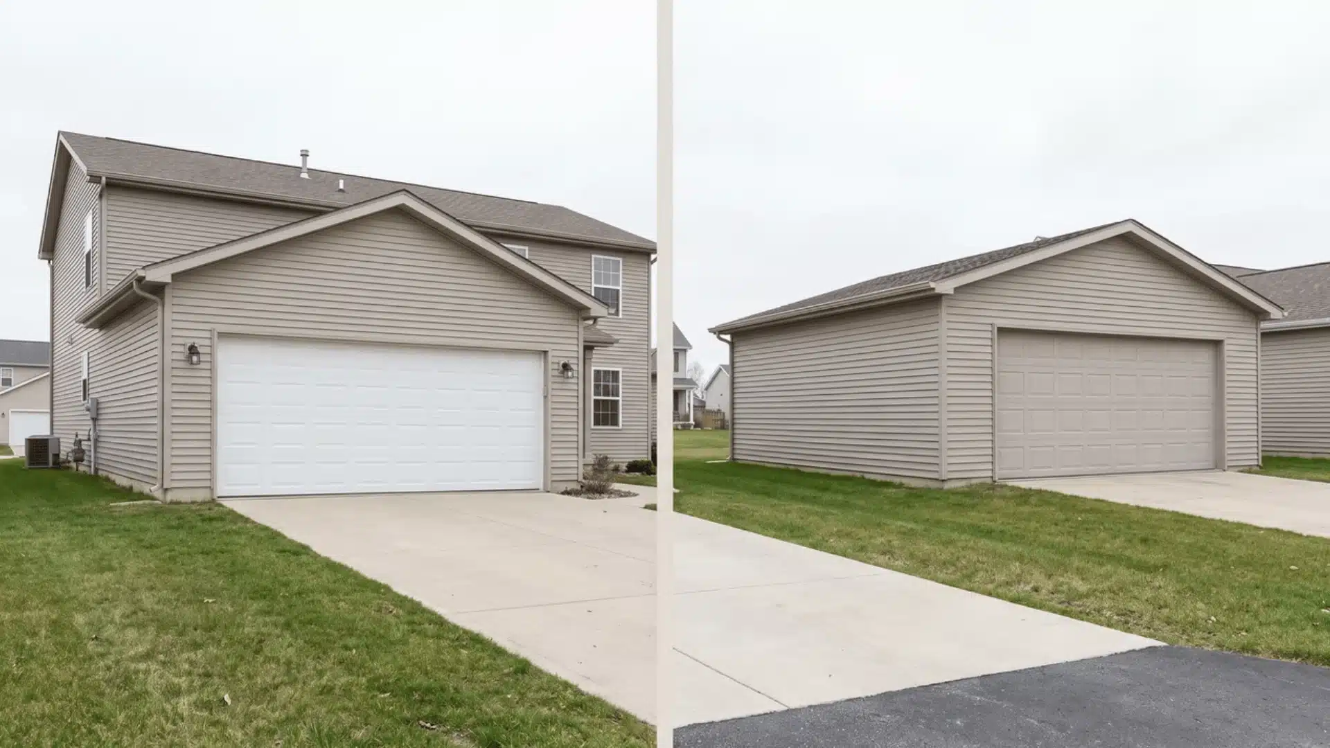Attached garage sharing a house wall beside a separate detached garage