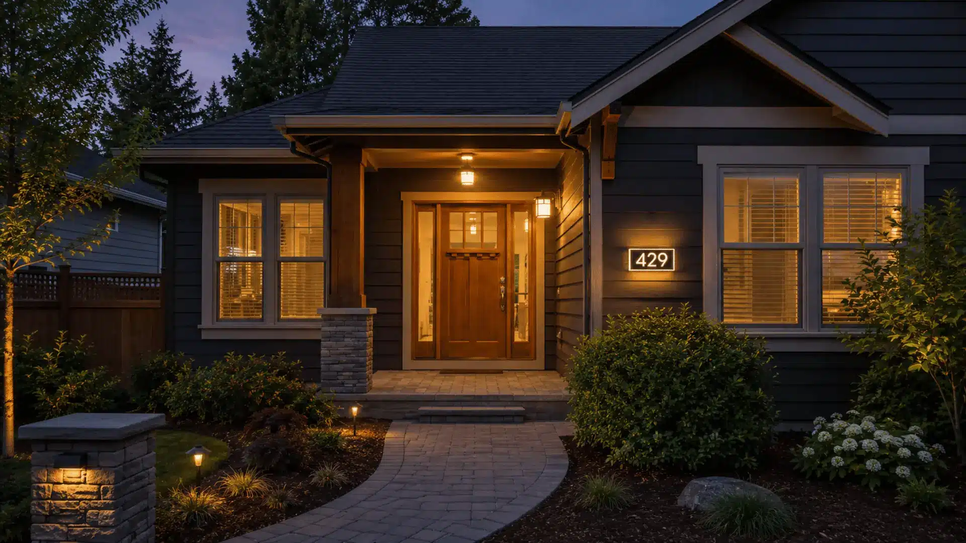 Backlit house number sign mounted beside a front entrance
