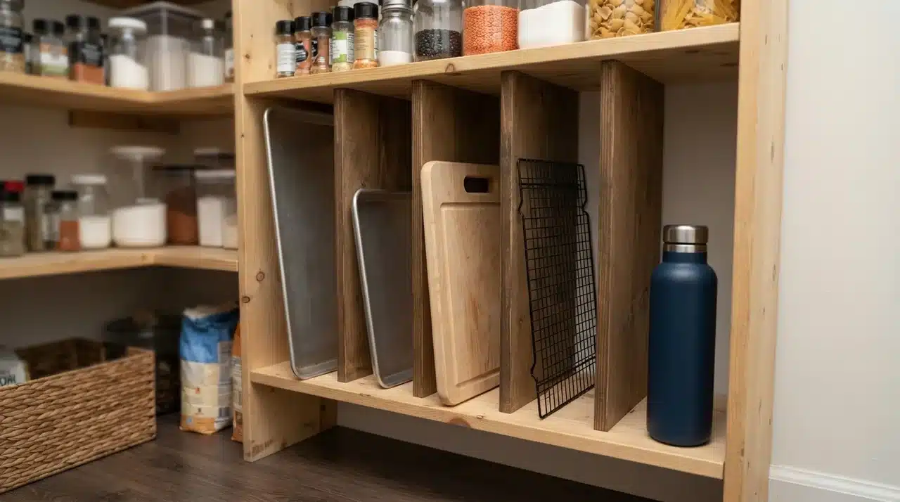 Baking sheets, cutting board, cooling rack, and bottle standing upright in vertical pantry cubbies with dividers