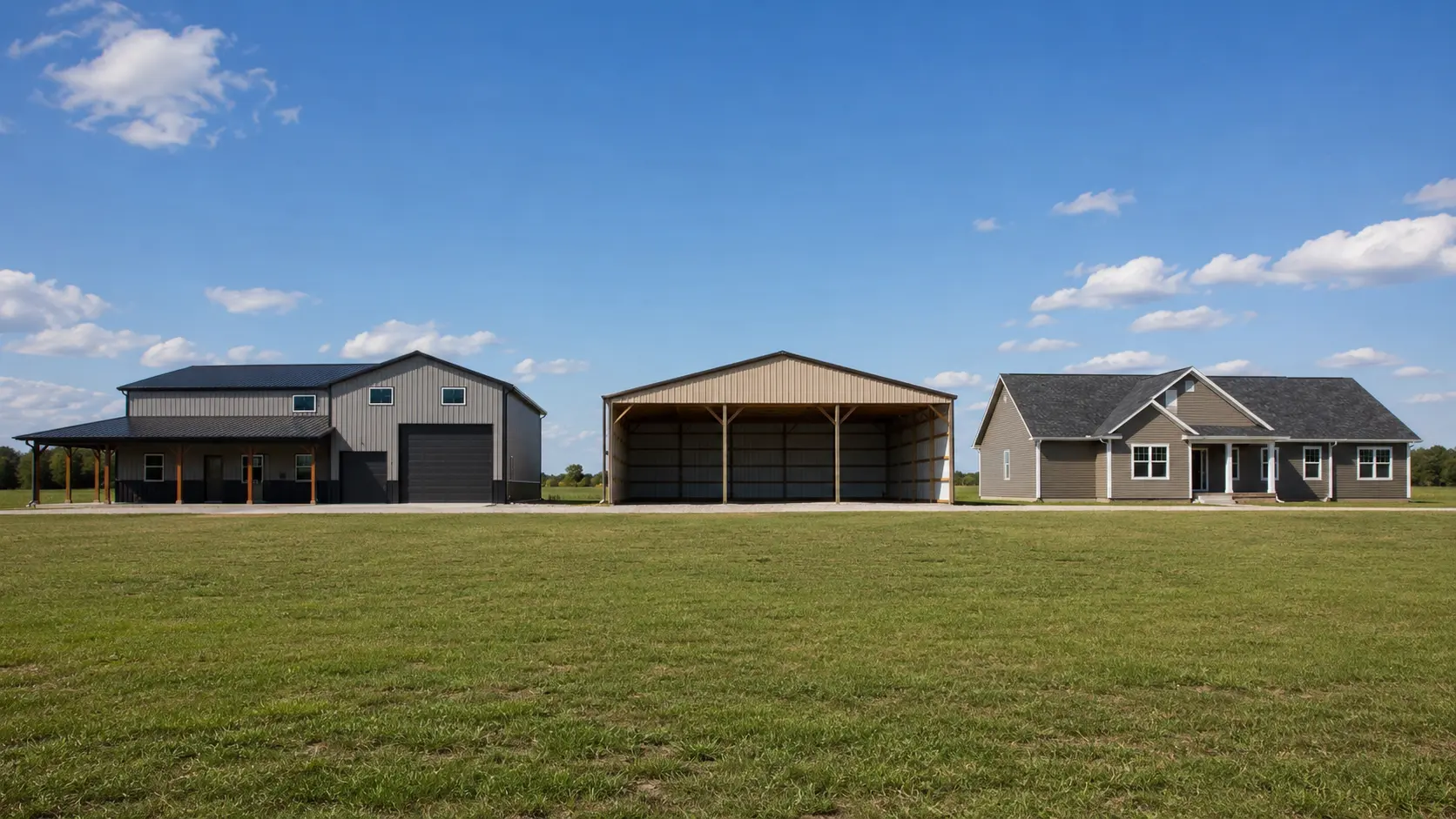 Barndominium, pole barn, and traditional house with different exterior construction styles