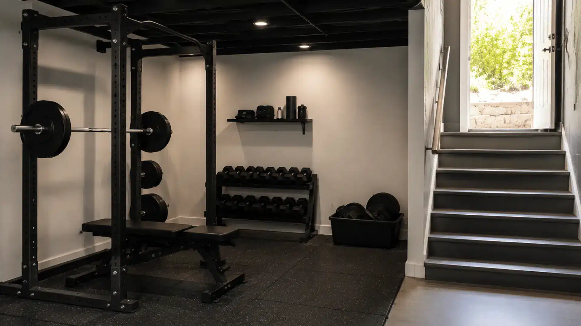 Basement gym corner with stairs leading to an open door with natural sunlight