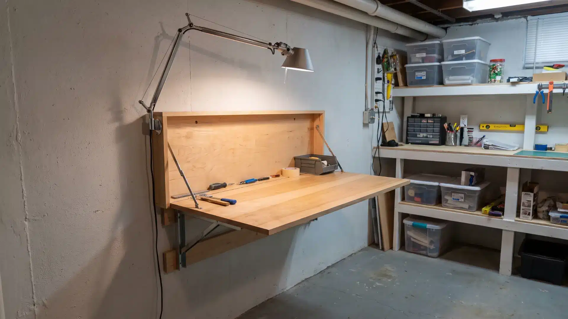 Basement hobby area with fold-down work surface