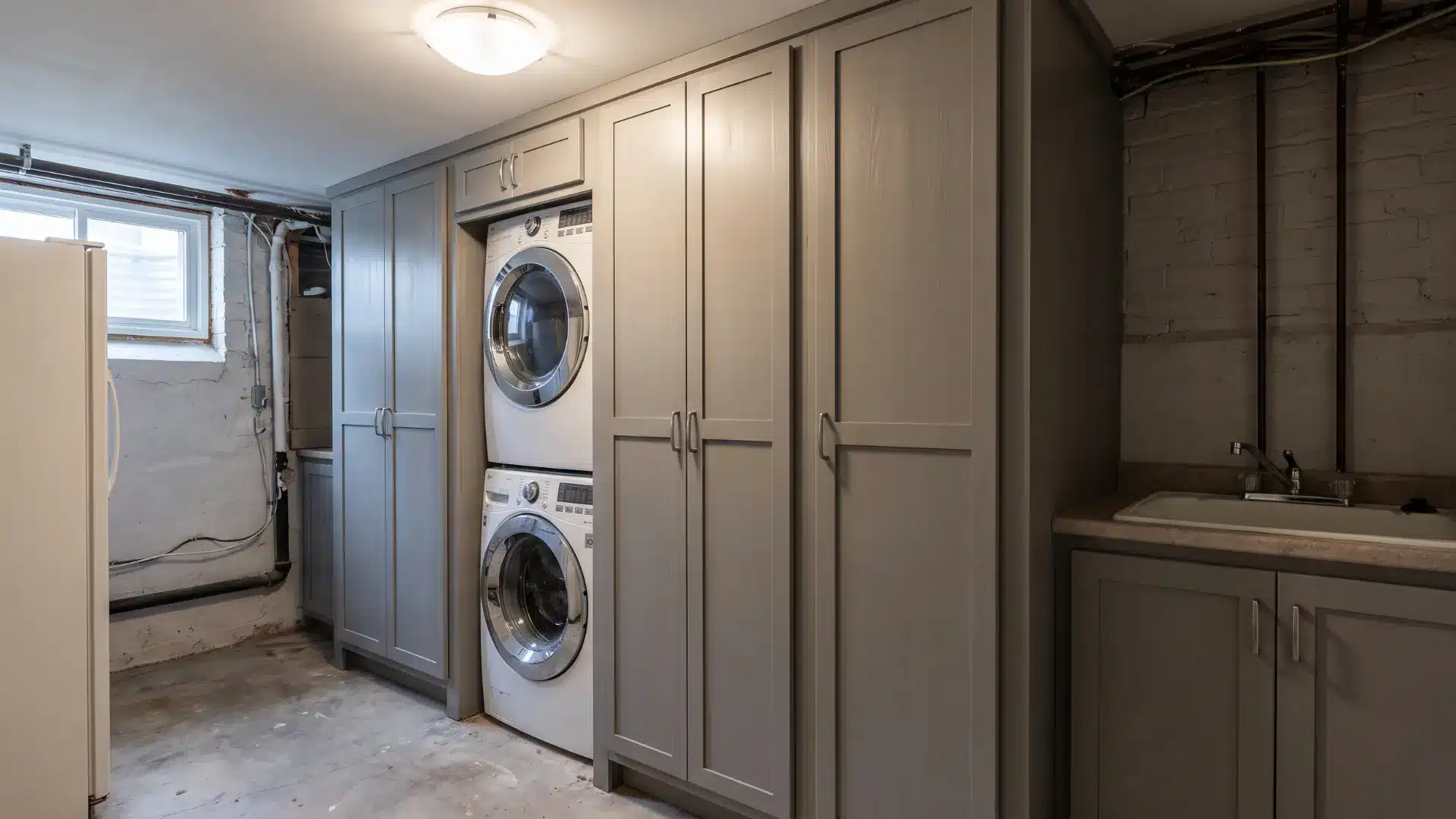 Basement laundry area with stacked washer and dryer