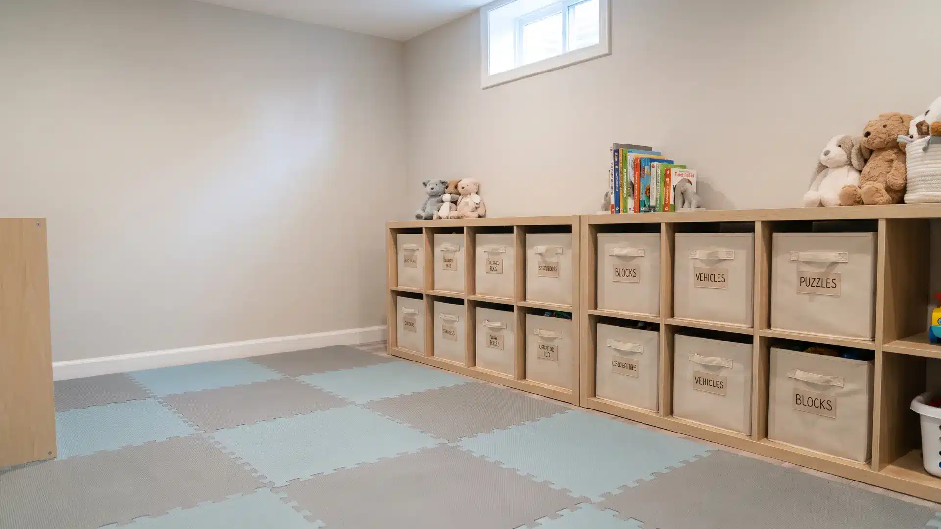 Basement playroom with low shelves and toy storage