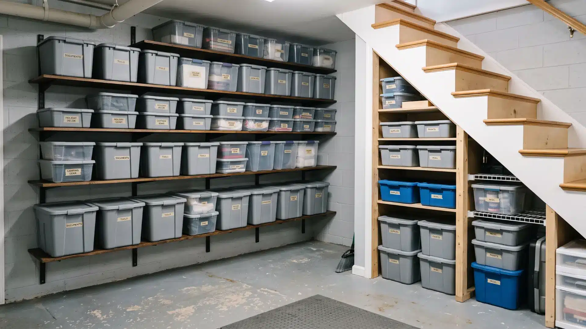 Basement wall shelves with storage bins under stairs