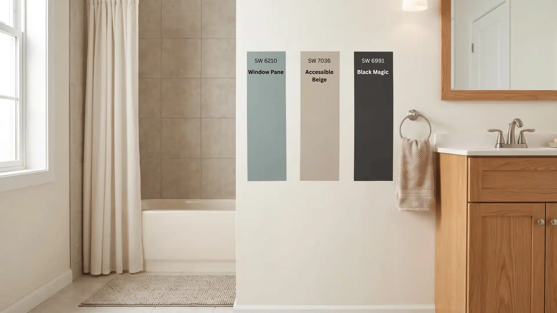 Three satin paint samples beside bathroom tile, an oak vanity, brushed nickel fixtures, bathtub, and mirror