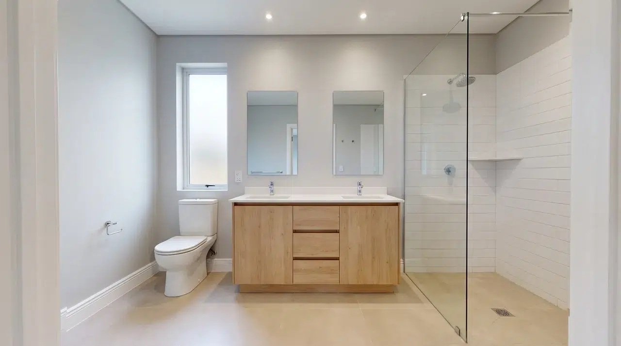 Bathroom with toilet, double-sink wood vanity, two mirrors, frosted window, and glass shower enclosure.