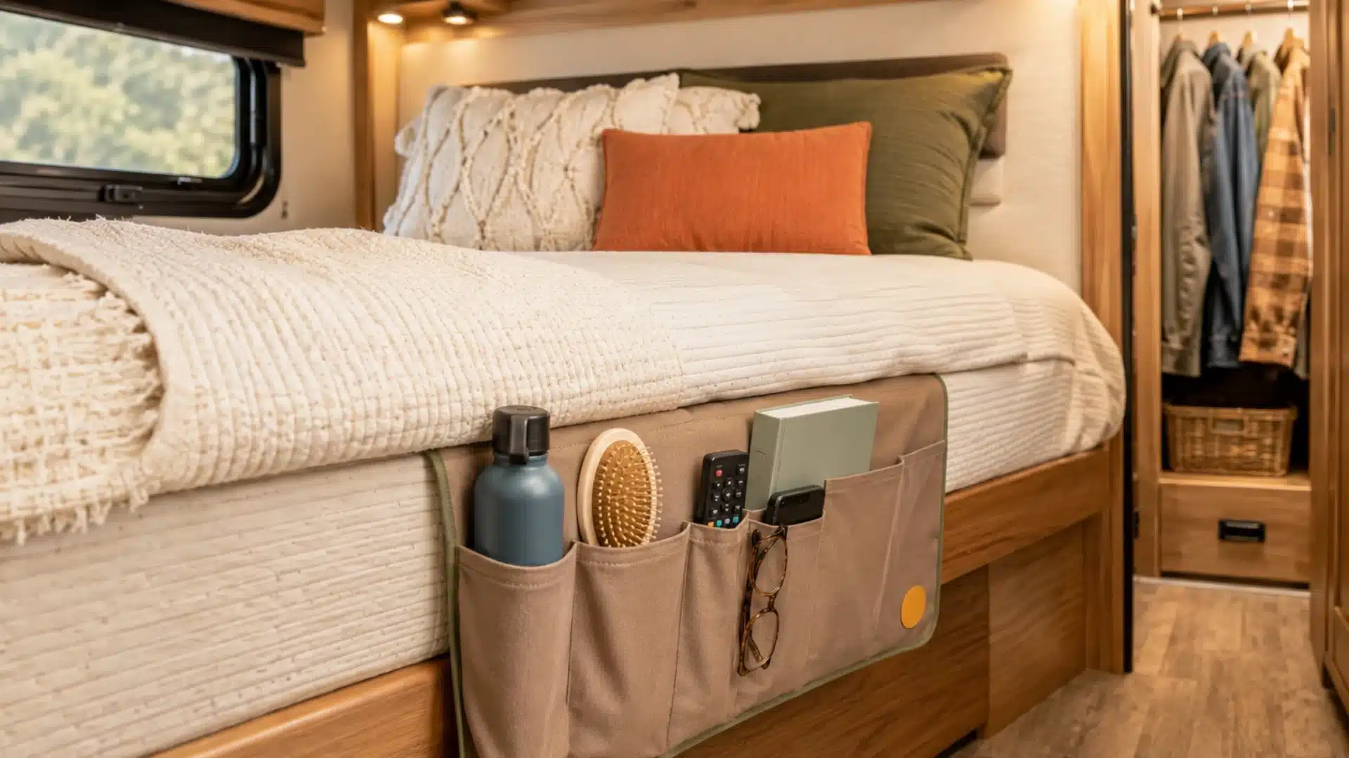 Bedside pocket organizer stores water bottle, book, glasses, and remote in an RV