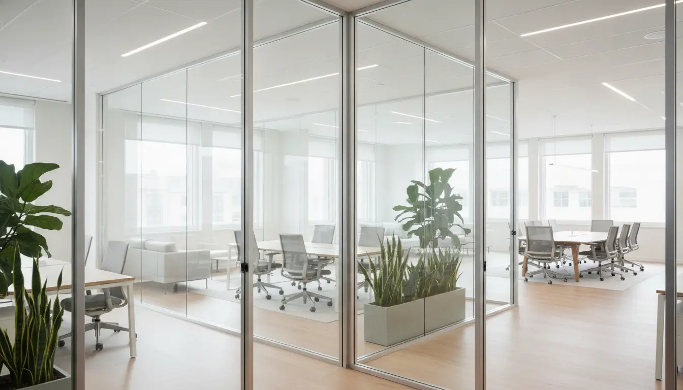 Modern office space with glass walls and large indoor plants in bright natural lighting