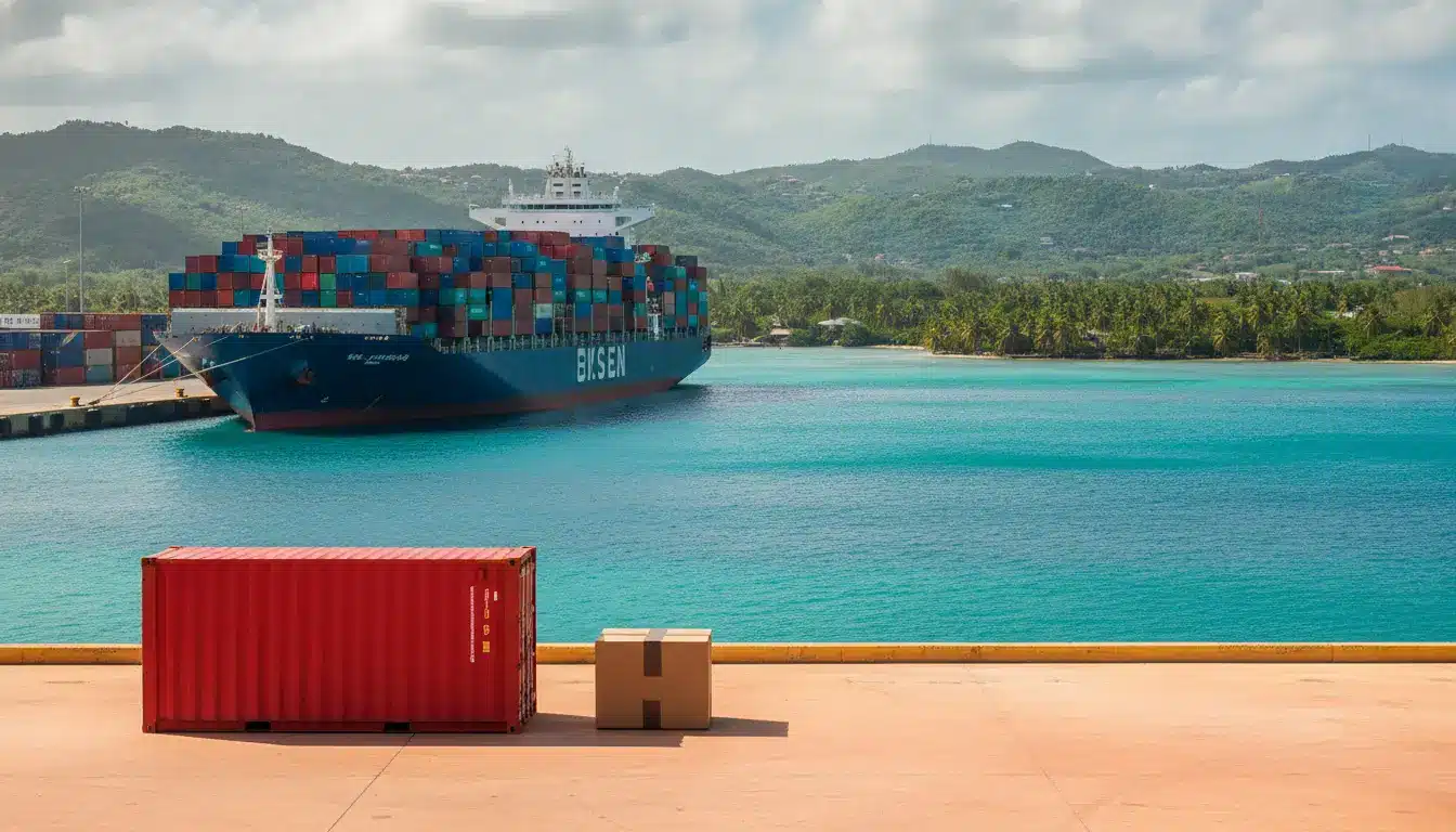 Cargo ship loaded with colorful containers at dock near tropical coastline under cloudy sky