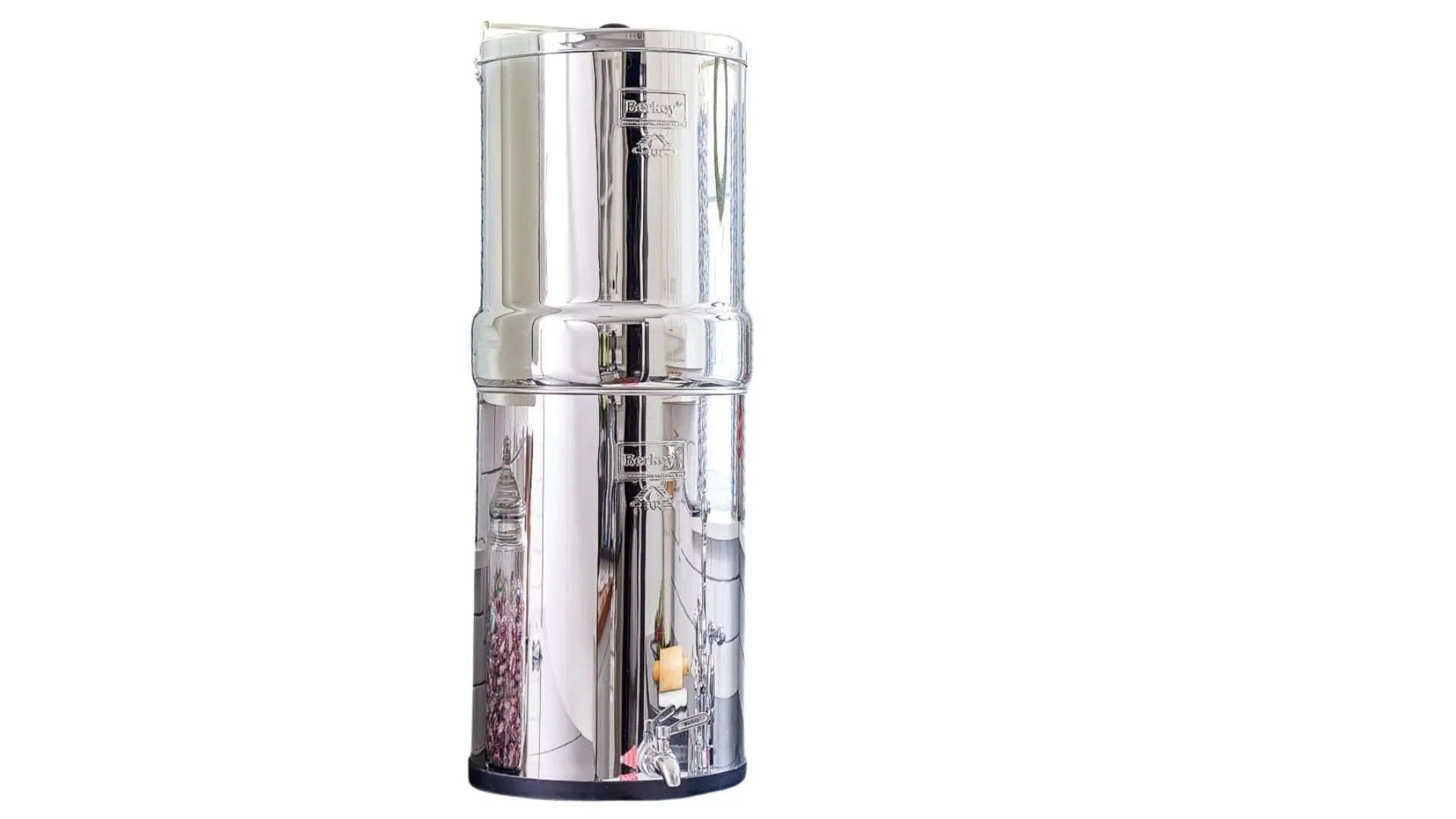 Big Berkey stainless-steel gravity water filter system with stacked chambers and a front dispensing spigot