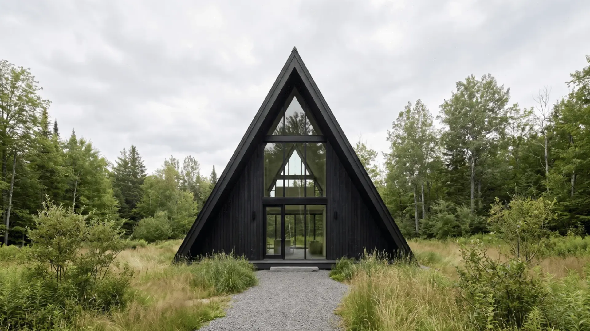 Black A-frame house with steep roof, dark cladding, and large front glazing
