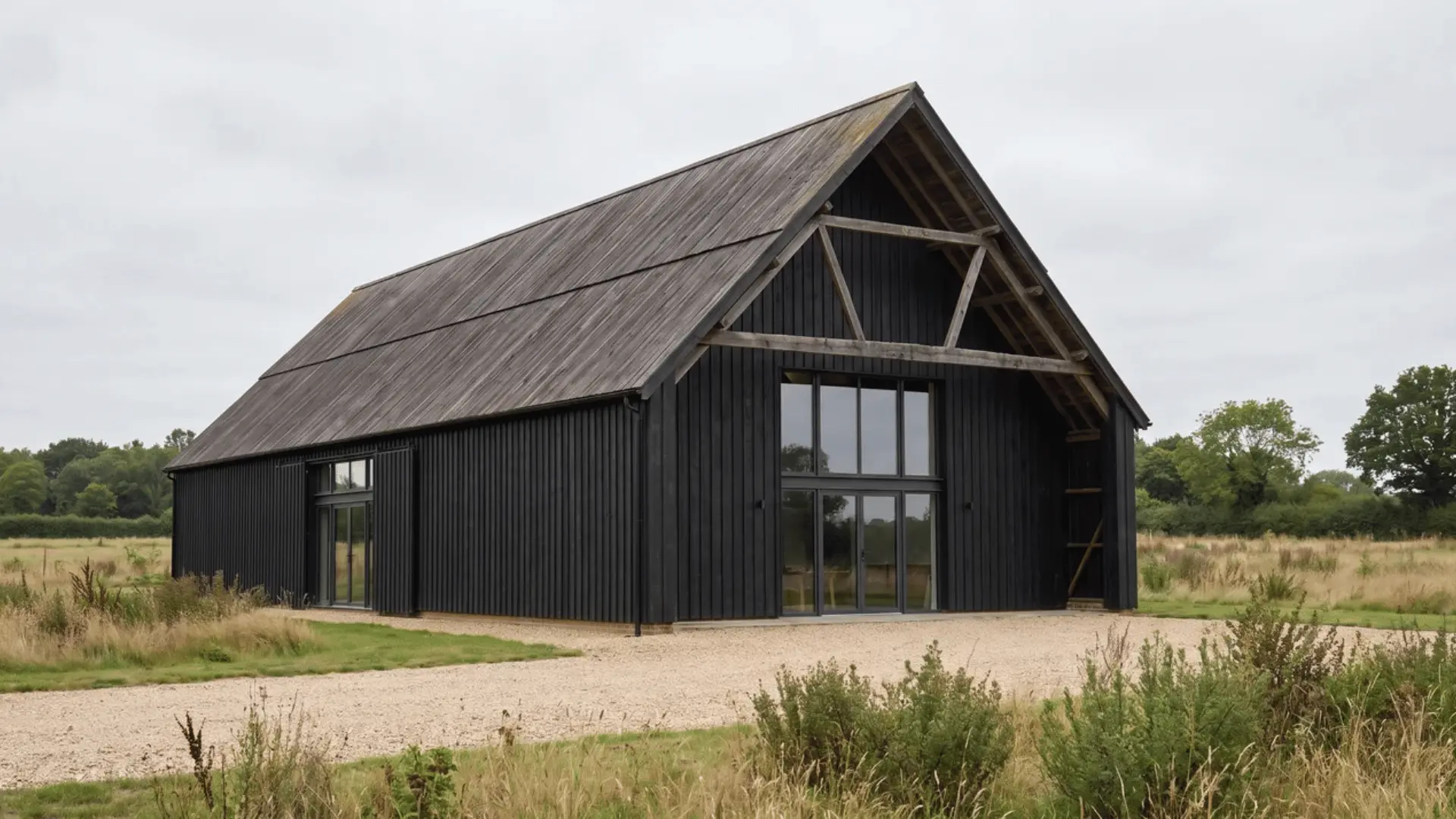 Black barn conversion with original gable form, dark cladding, oversized openings, and exposed structural rhythm